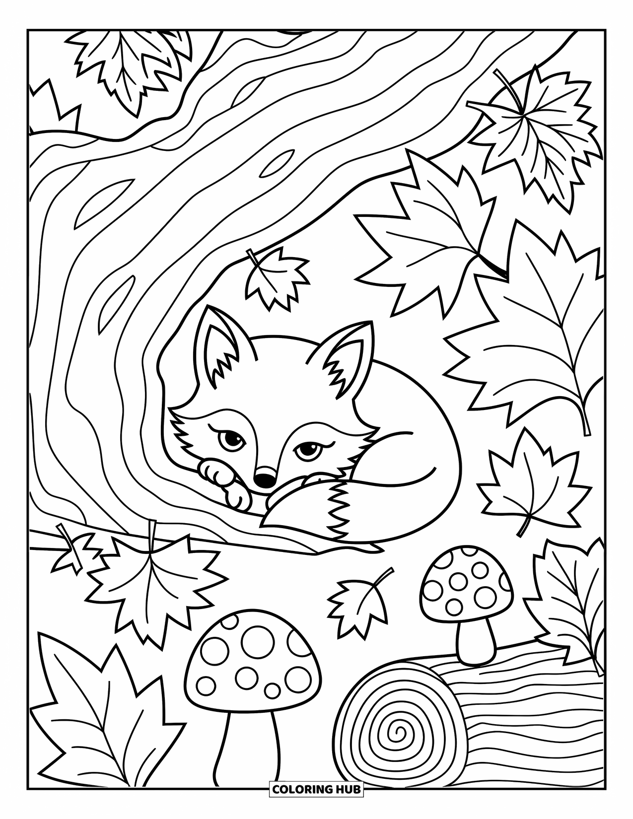 Orange Coloring Page for Adults: A tiny fox naps beneath a big maple tree surrounded by autumn leaves