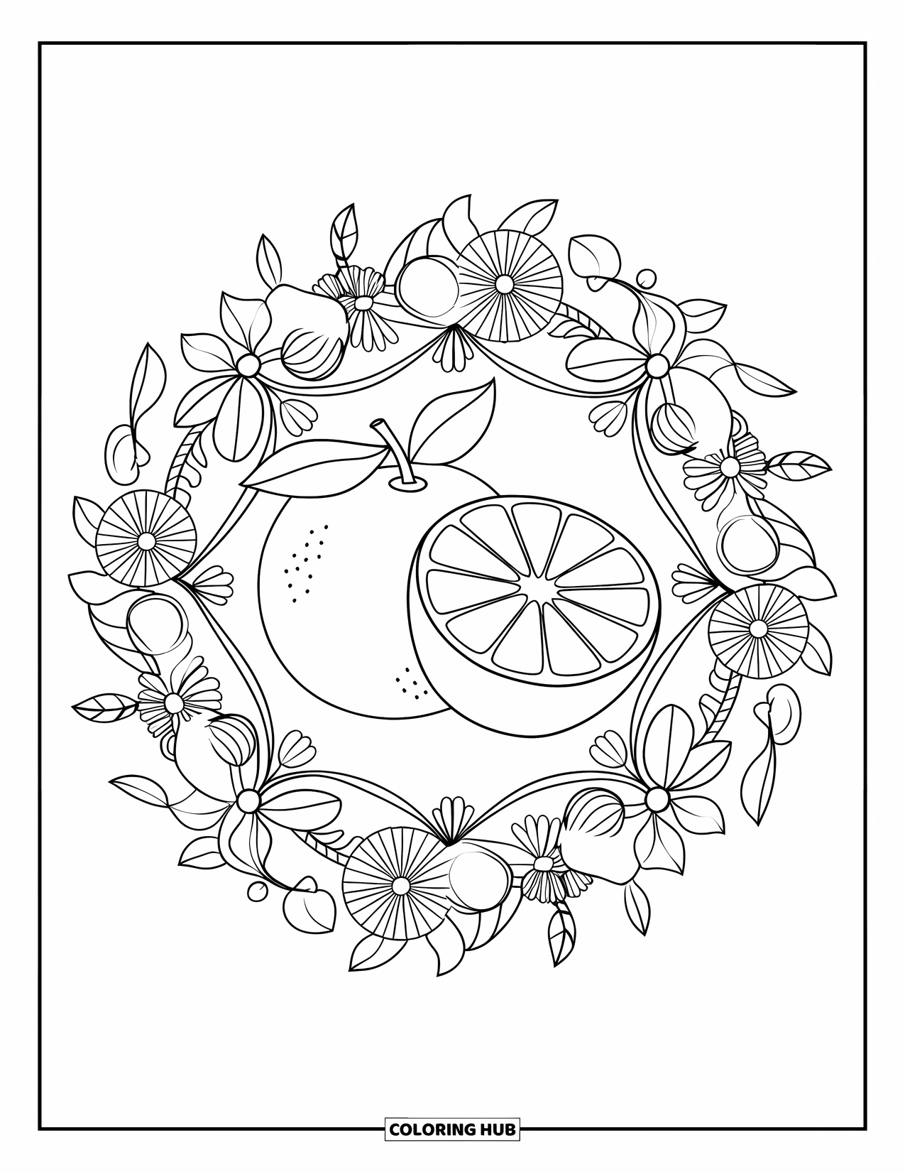 Orange Coloring Page for Adults: A whole and sliced orange are surrounded by citrus flowers and swirling vines