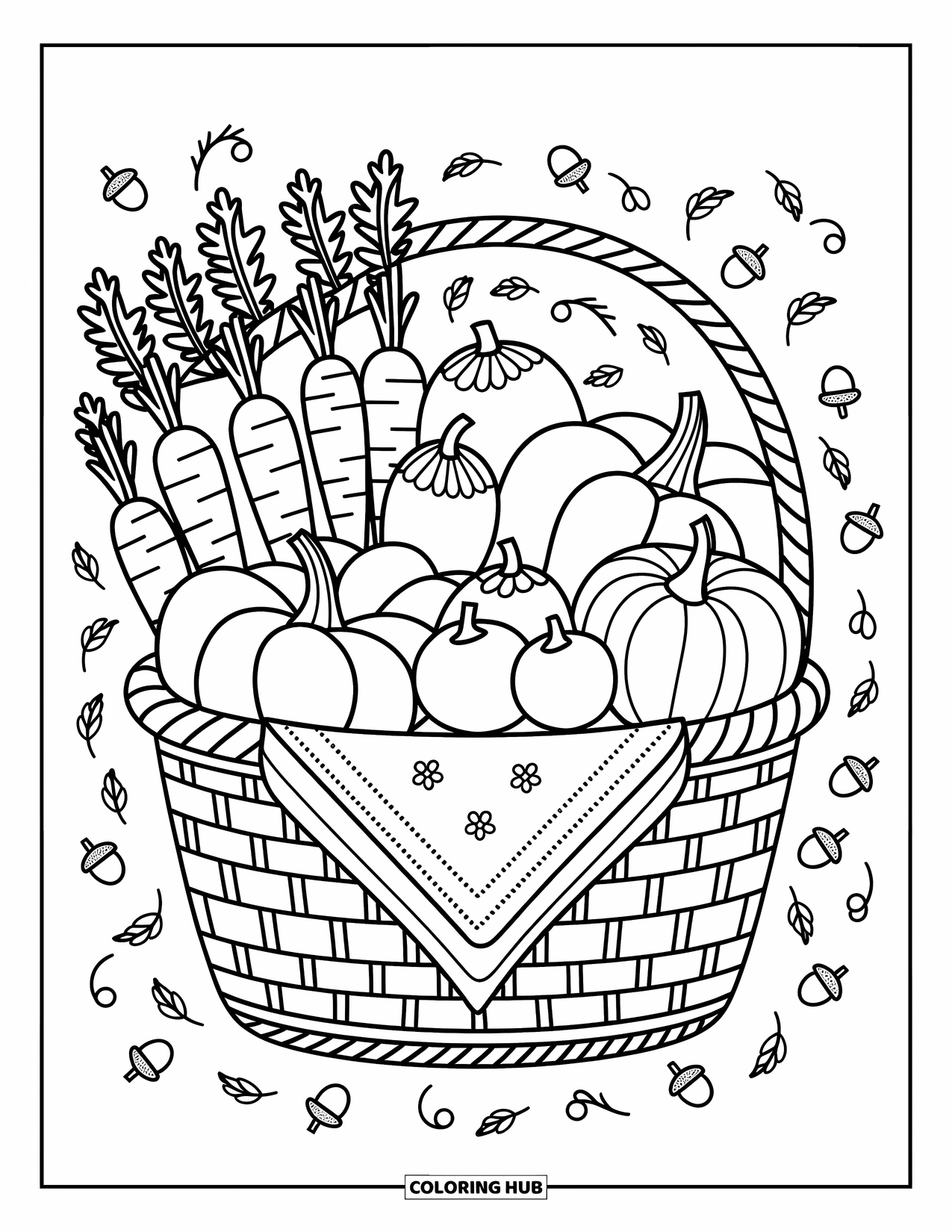 Orange Coloring Page for Adults: An autumn basket holds cozy produce and playful little details