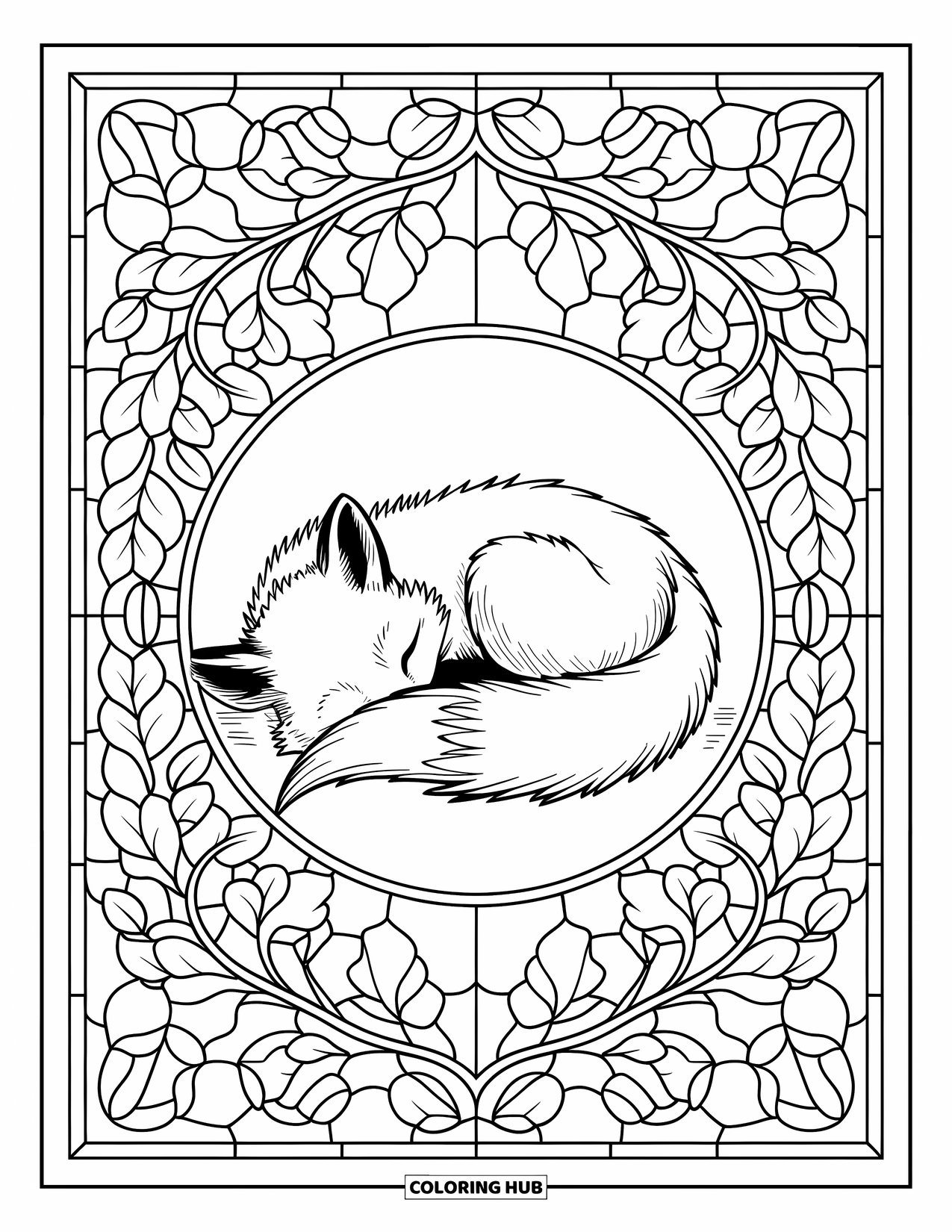 Orange Coloring Page for Adults: Curled up in peace, a fox is framed by autumn leaf-shaped stained glass