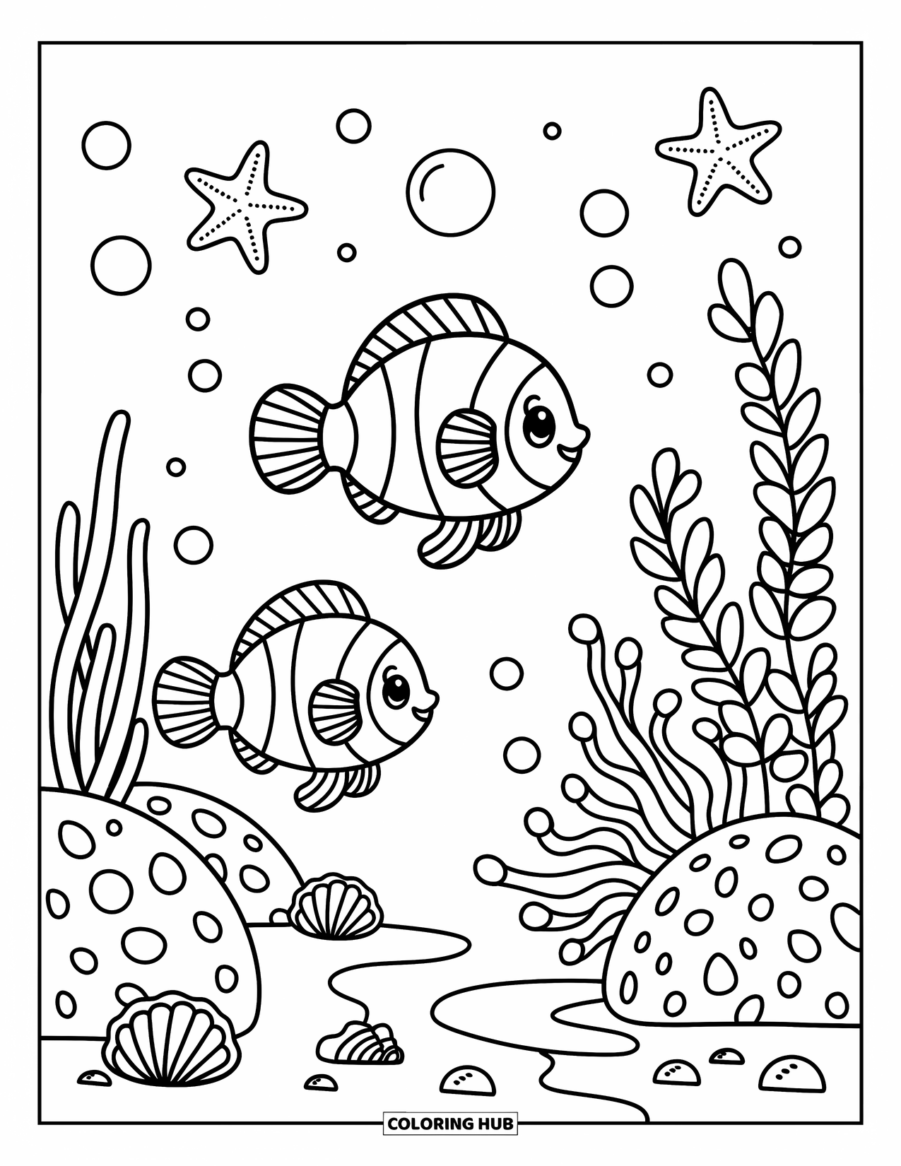 Orange Coloring Page for Adults: Cute clownfish glide past coral, bubbles, and cheerful ocean details
