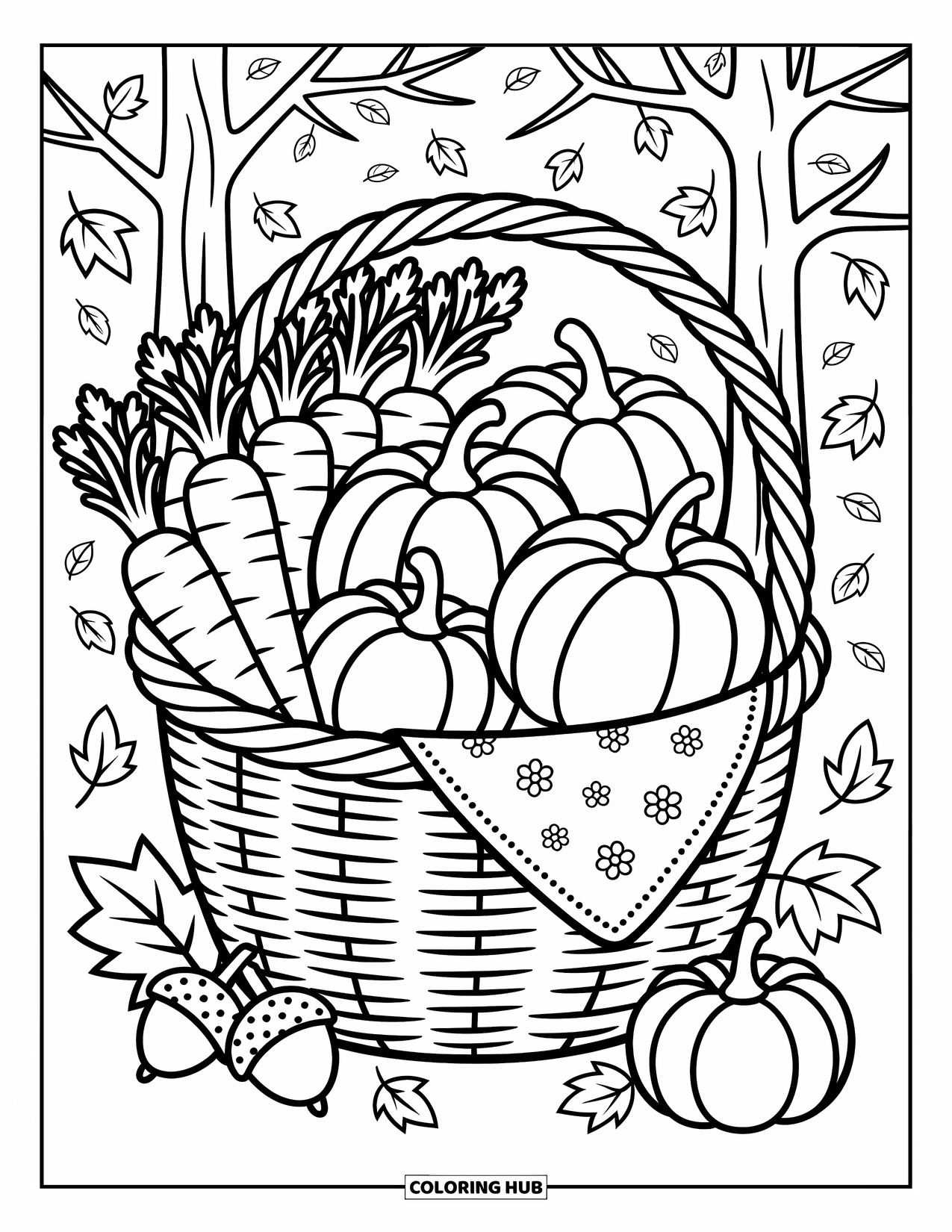 Orange Coloring Page for Adults: Pumpkins, carrots, and more fill a cozy woven basket with curling leaves