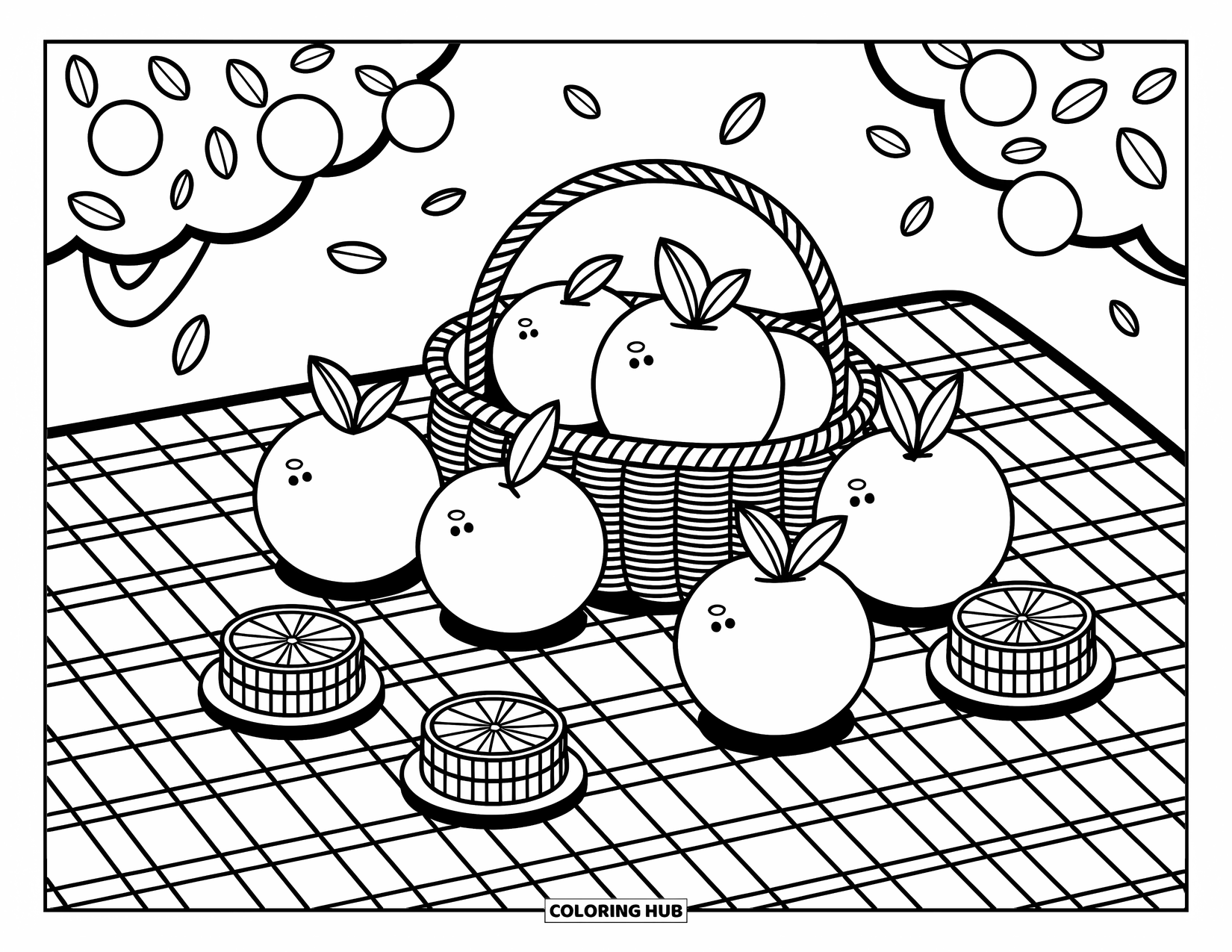 Orange Coloring Page for Adults: Sliced oranges, a basket, and a thermos sit on a cozy gingham picnic blanket