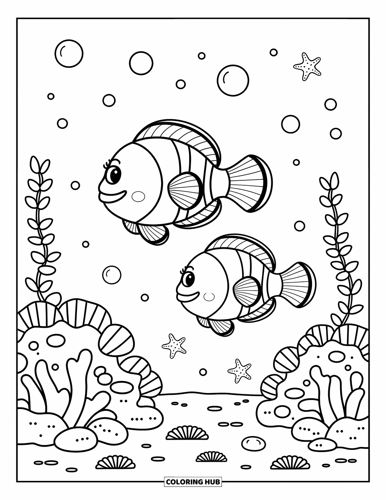 Orange Coloring Page for Adults: Two clownfish swim through coral, sea anemones, and floating bubbles