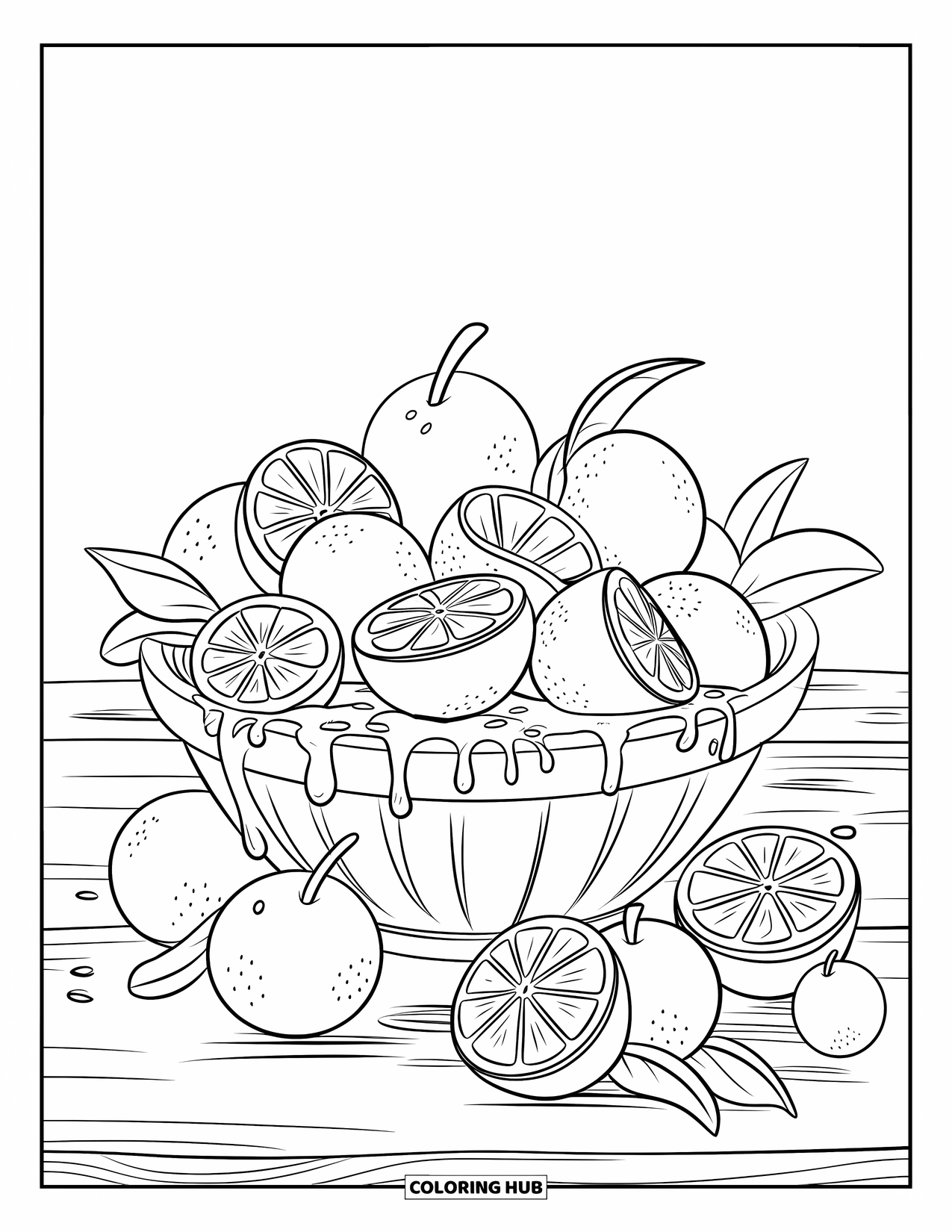 Orange Coloring Page for Kids: A bowl of oranges and slices rest on a wooden table with leaves