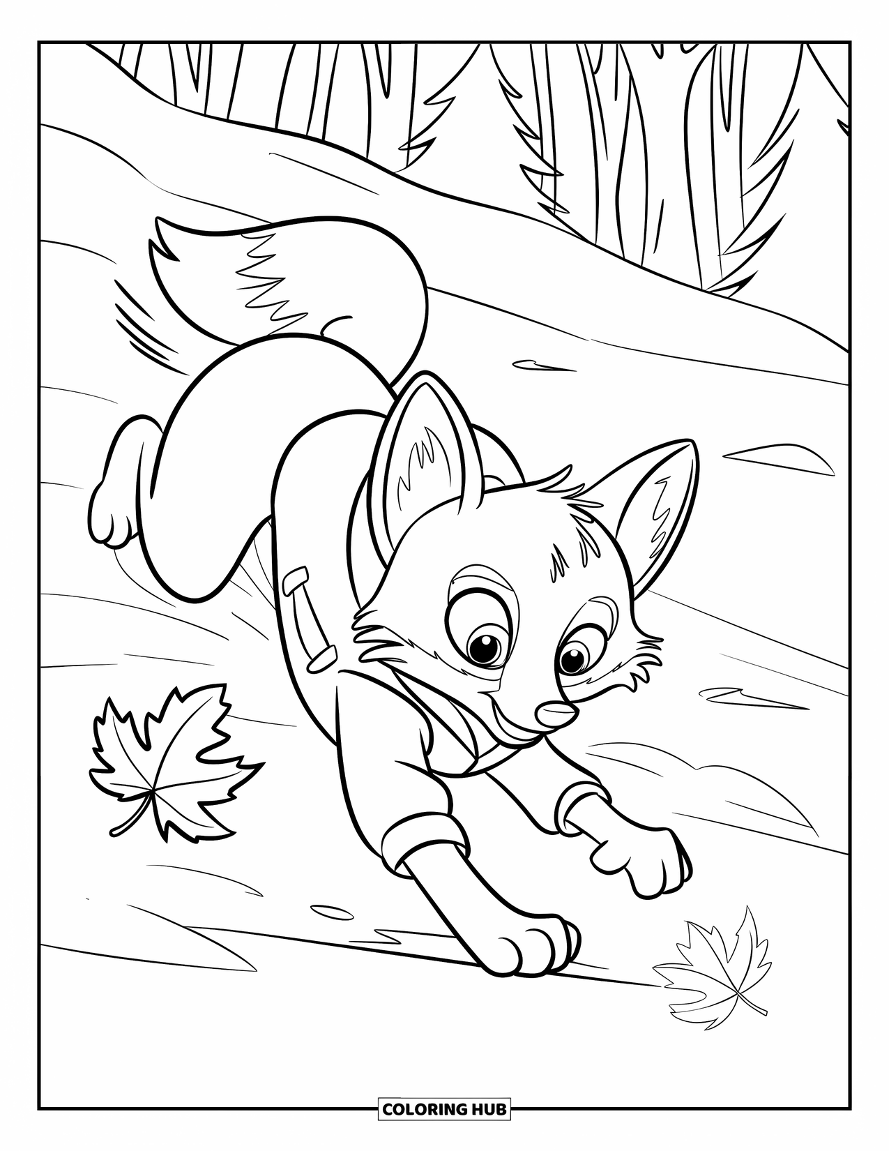 Orange Coloring Page for Kids: A bundled-up fox chases a leaf across a snowy forest