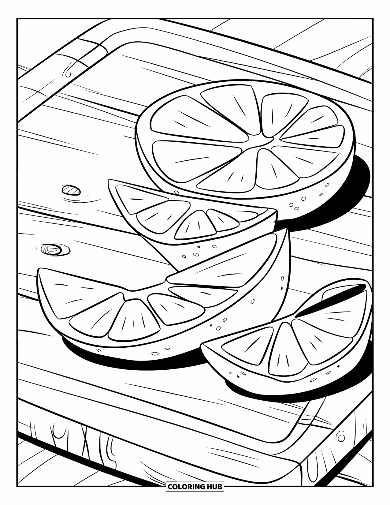 Orange Coloring Page for Kids: A close-up of orange slices arranged on a wooden cutting board