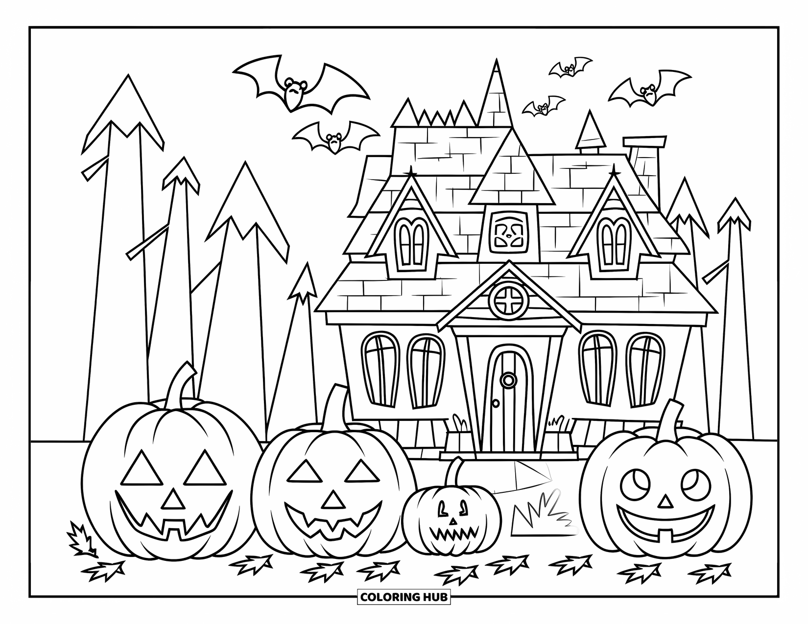 Orange Coloring Page for Kids: A haunted house with pumpkins and bats creates a fun Halloween vibe