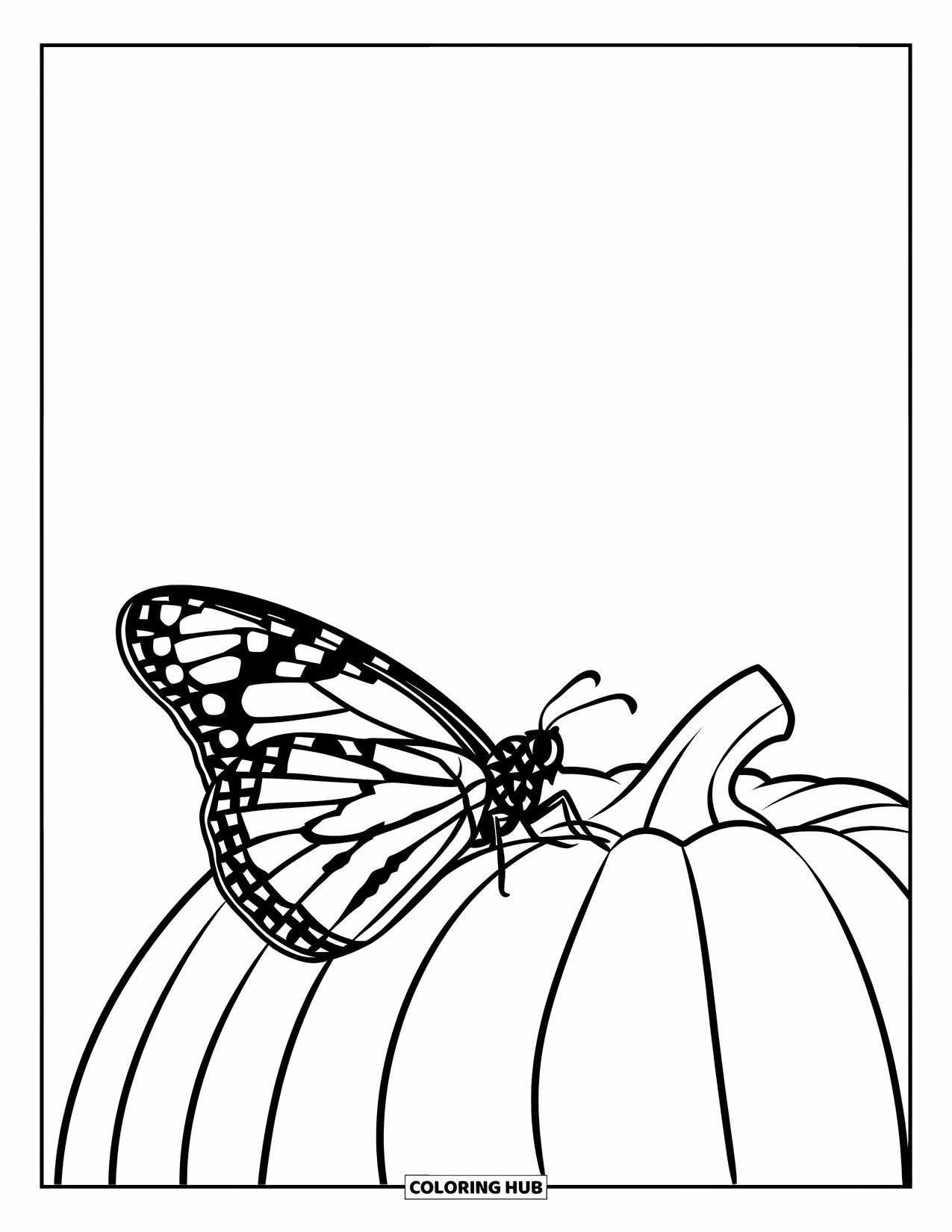 Orange Coloring Page for Kids: A monarch butterfly gently lands on a pumpkin in this sweet fall scene
