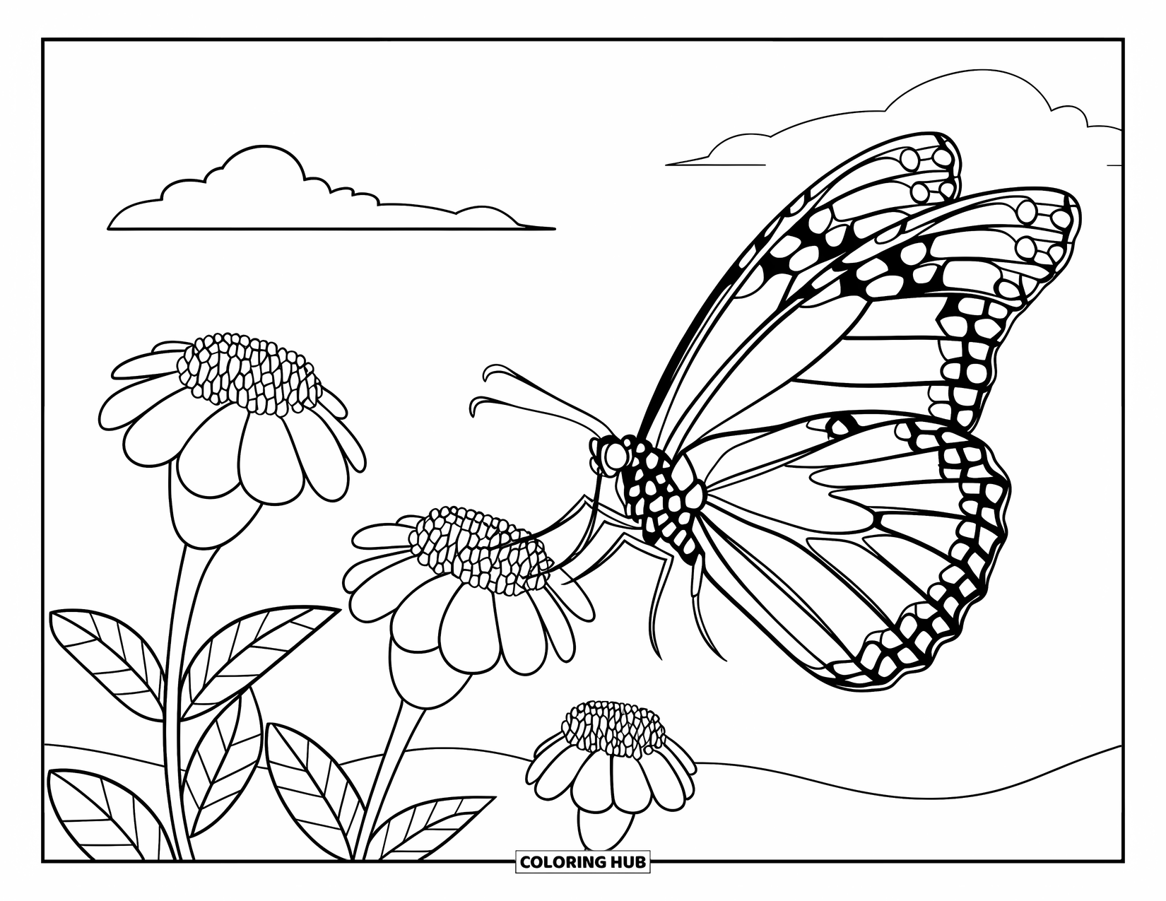 Orange Coloring Page for Kids: A monarch hovers near marigolds under a partly cloudy sky