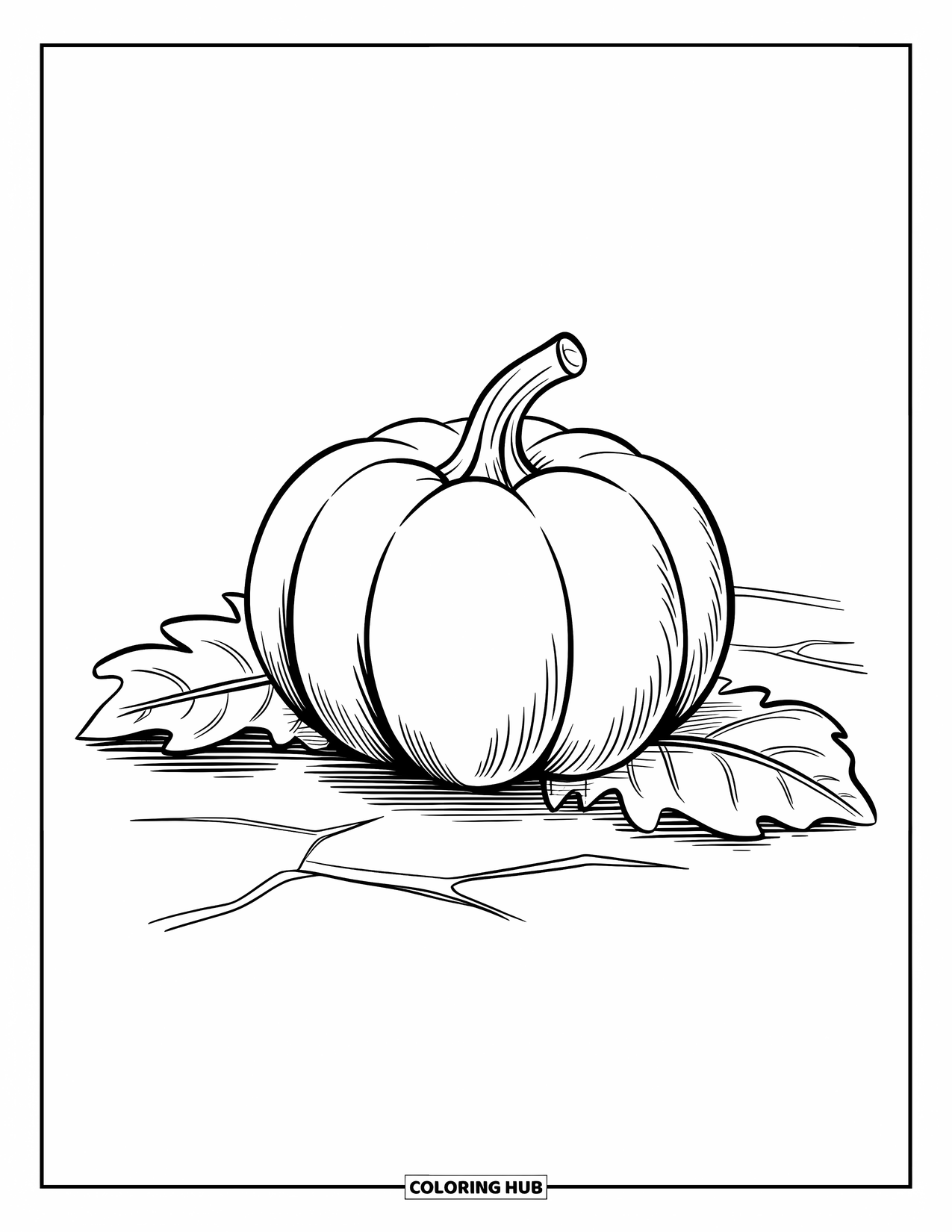 Orange Coloring Page for Kids: A round pumpkin rests on the ground with two leaves beside it