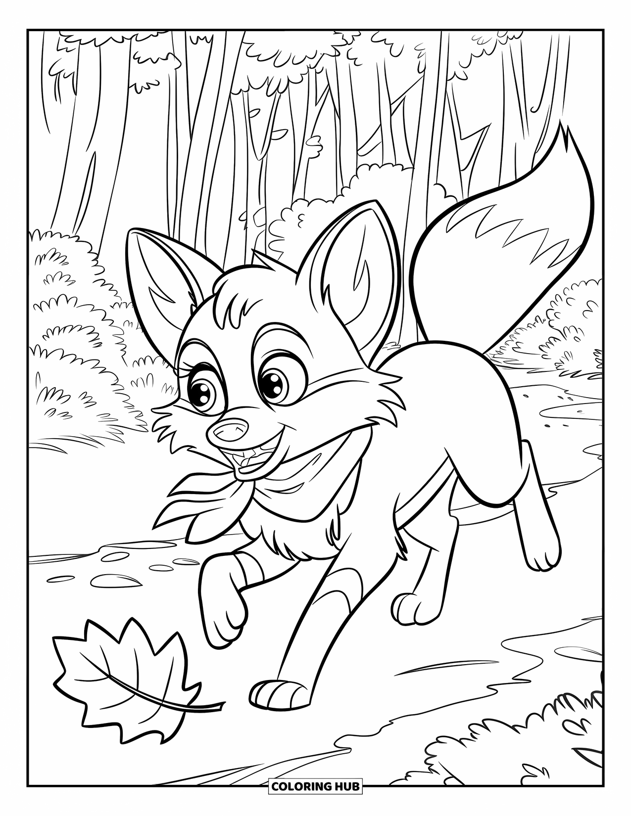 Orange Coloring Page for Kids: A scarf-wearing fox playfully follows a falling leaf along a forest path