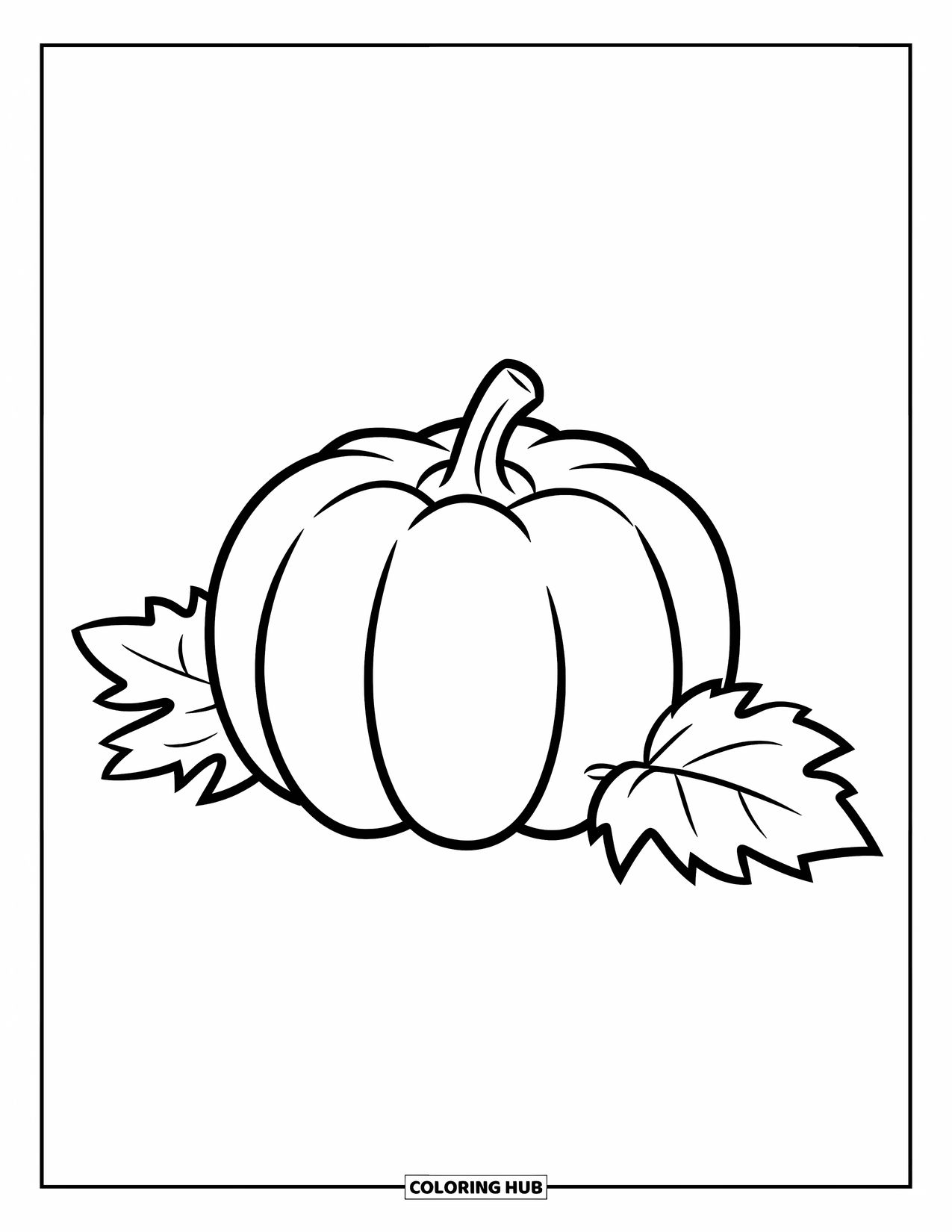 Orange Coloring Page for Kids: A simple pumpkin sits beside two leaves on a white background