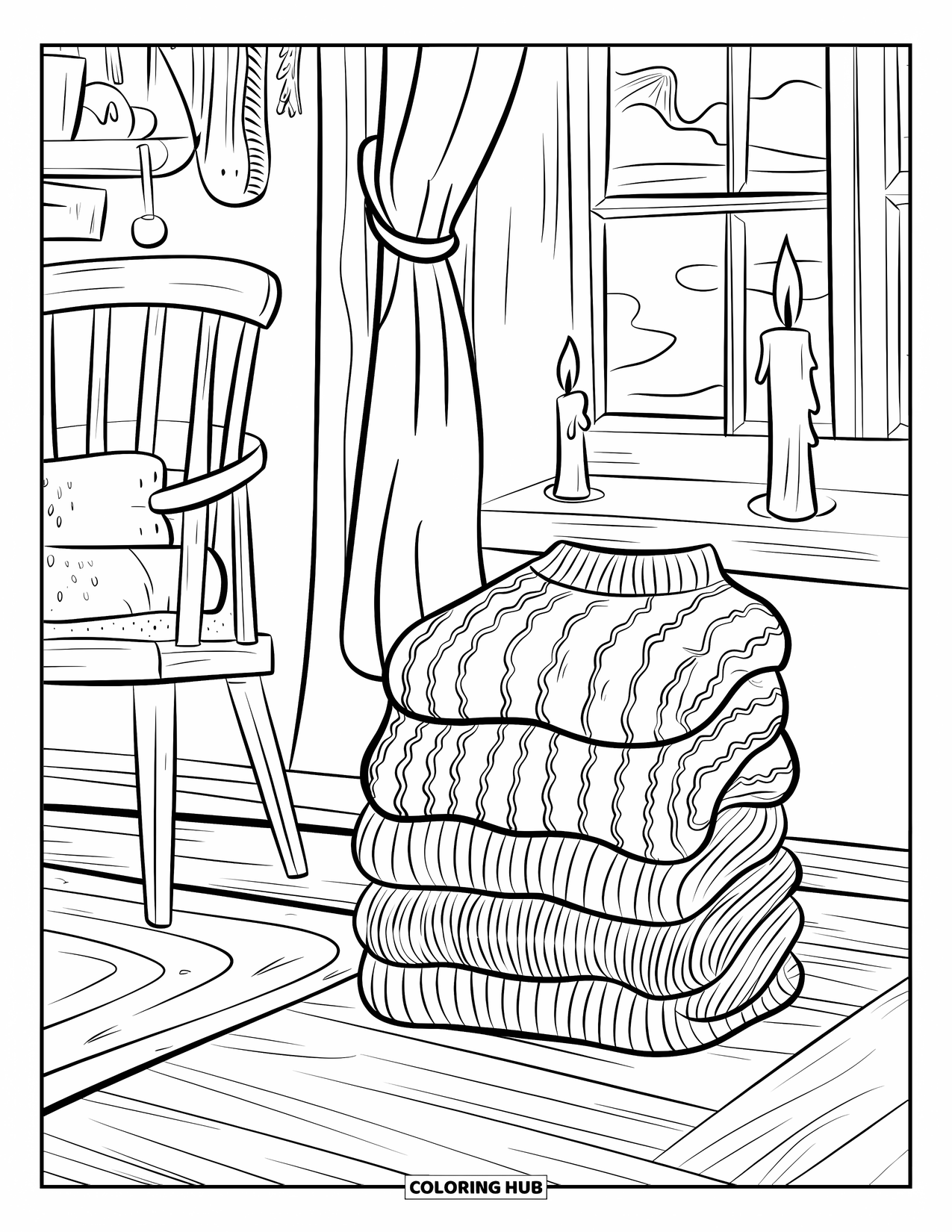 Orange Coloring Page for Kids: A warm room with sweaters and a glowing window invites you in