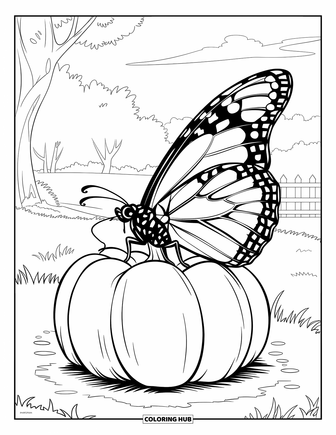 Orange Coloring Page for Kids: Butterfly wings spread wide on a pumpkin near trees and a fence