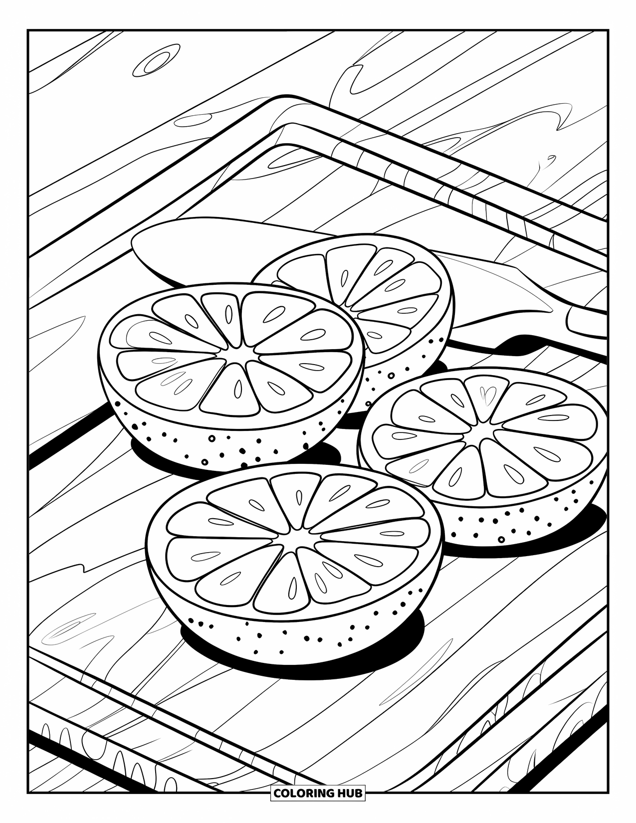Orange Coloring Page for Kids: Fresh orange slices rest on a wooden cutting board with a knife