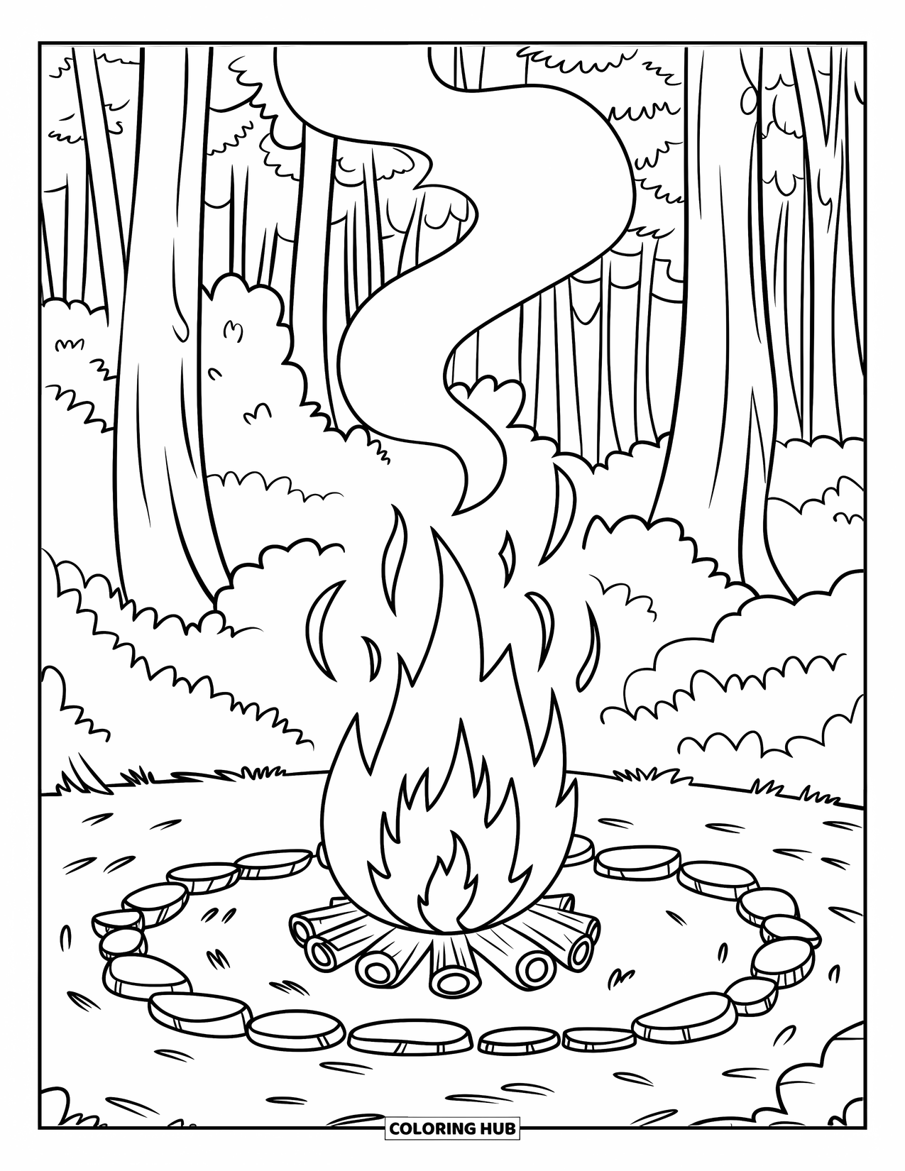 Orange Coloring Page for Kids: Rising smoke curls above a forest campfire surrounded by tall trees