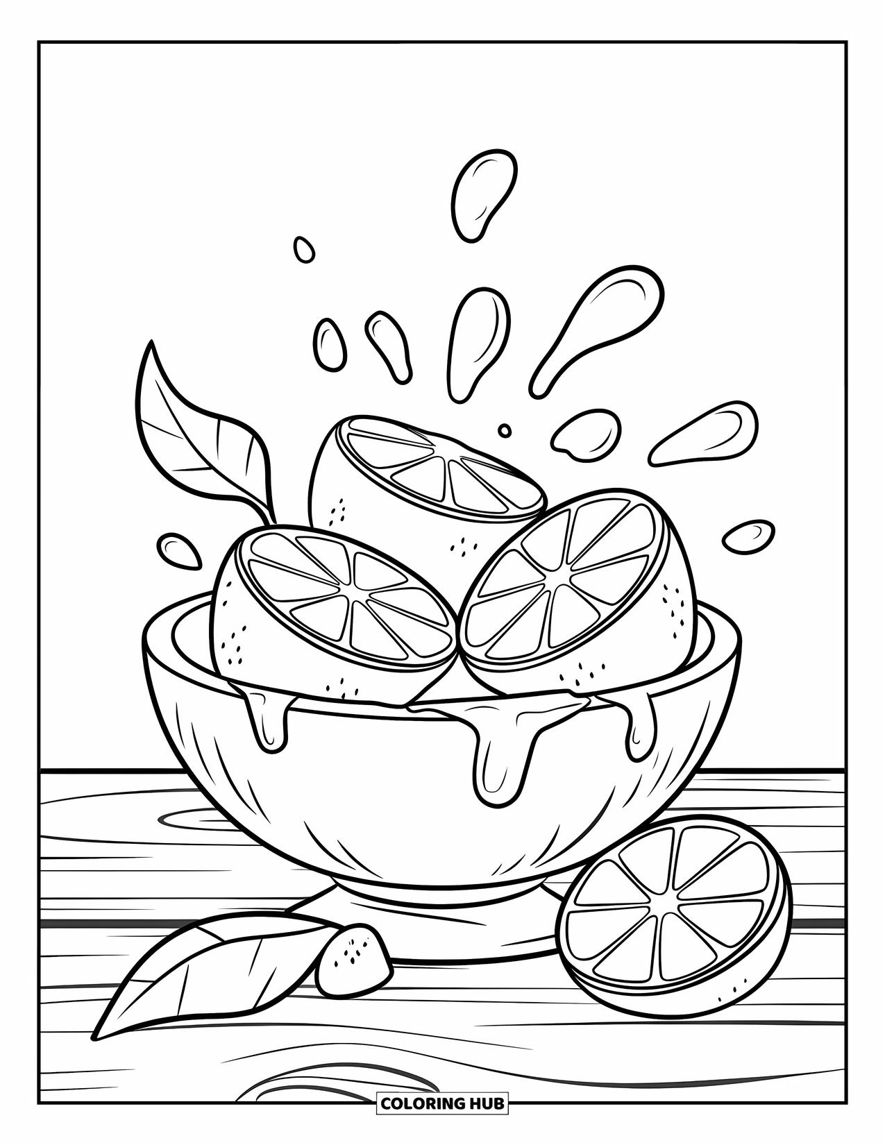 Orange Coloring Page for Kids: Sliced oranges with juice drops sit beside orange peels on a table