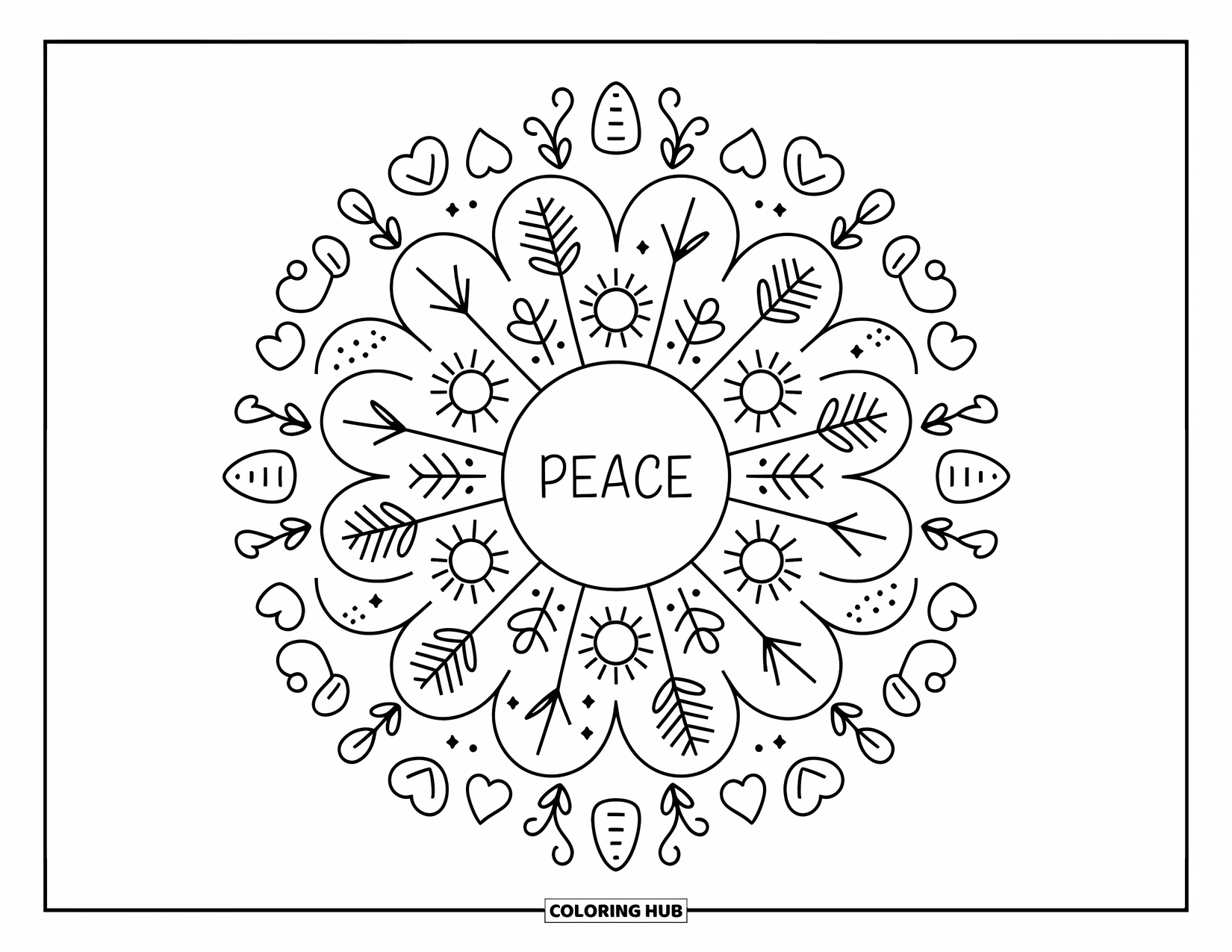 Peace Coloring Page for Adults: A circular mandala with "Peace" in the center decorated with vines, suns, and hearts