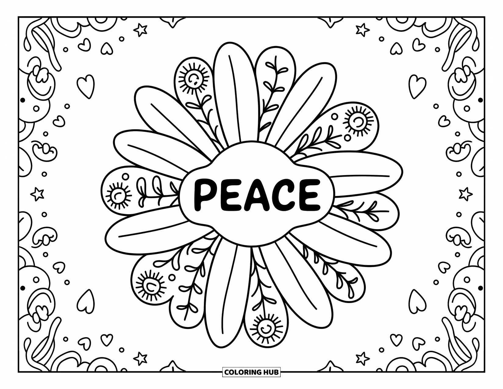 Peace Coloring Page for Adults: A floral mandala with "Peace" in the center and stars, vines, and hearts