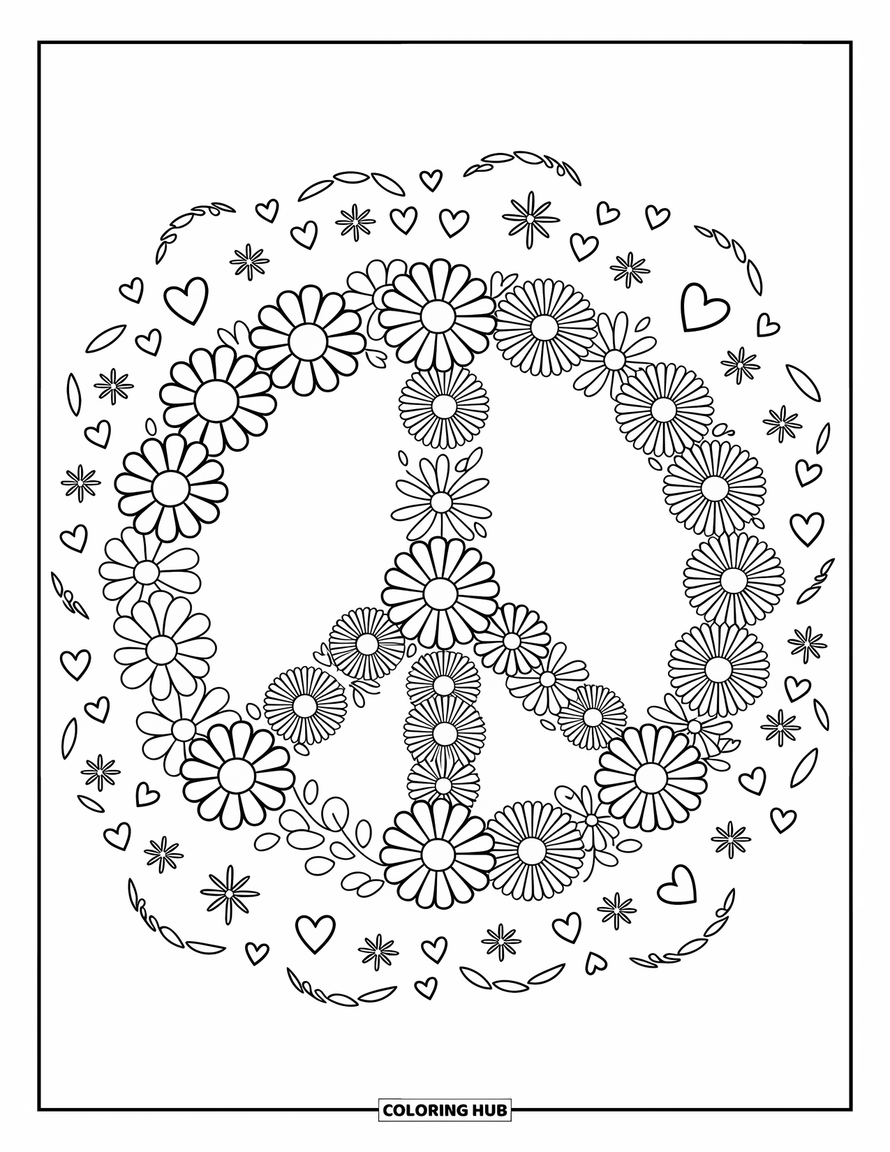 Peace Coloring Page for Adults: A floral peace symbol with radiating sunburst lines, hearts, and twinkling stars