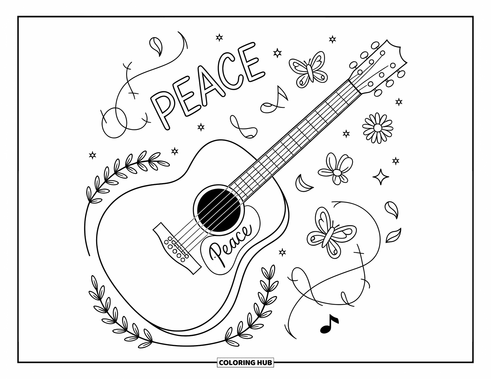 Peace Coloring Page for Adults: A guitar with a peace symbol sound hole and daisies, stars, and music notes