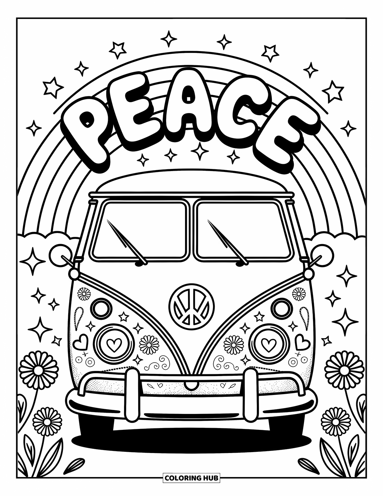 Peace Coloring Page for Adults: A hippie van with peace sign headlights decorated with daisies, hearts, and stars