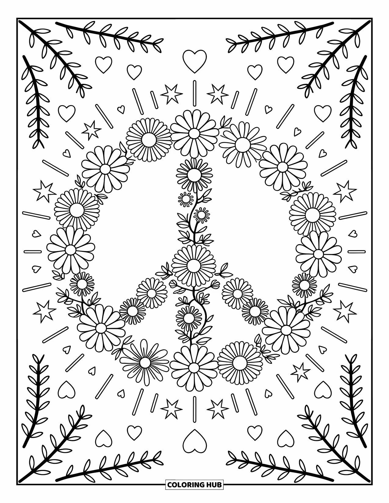 Peace Coloring Page for Adults: A peace sign made of daisies and sunflowers with hearts, stars, and leafy vines