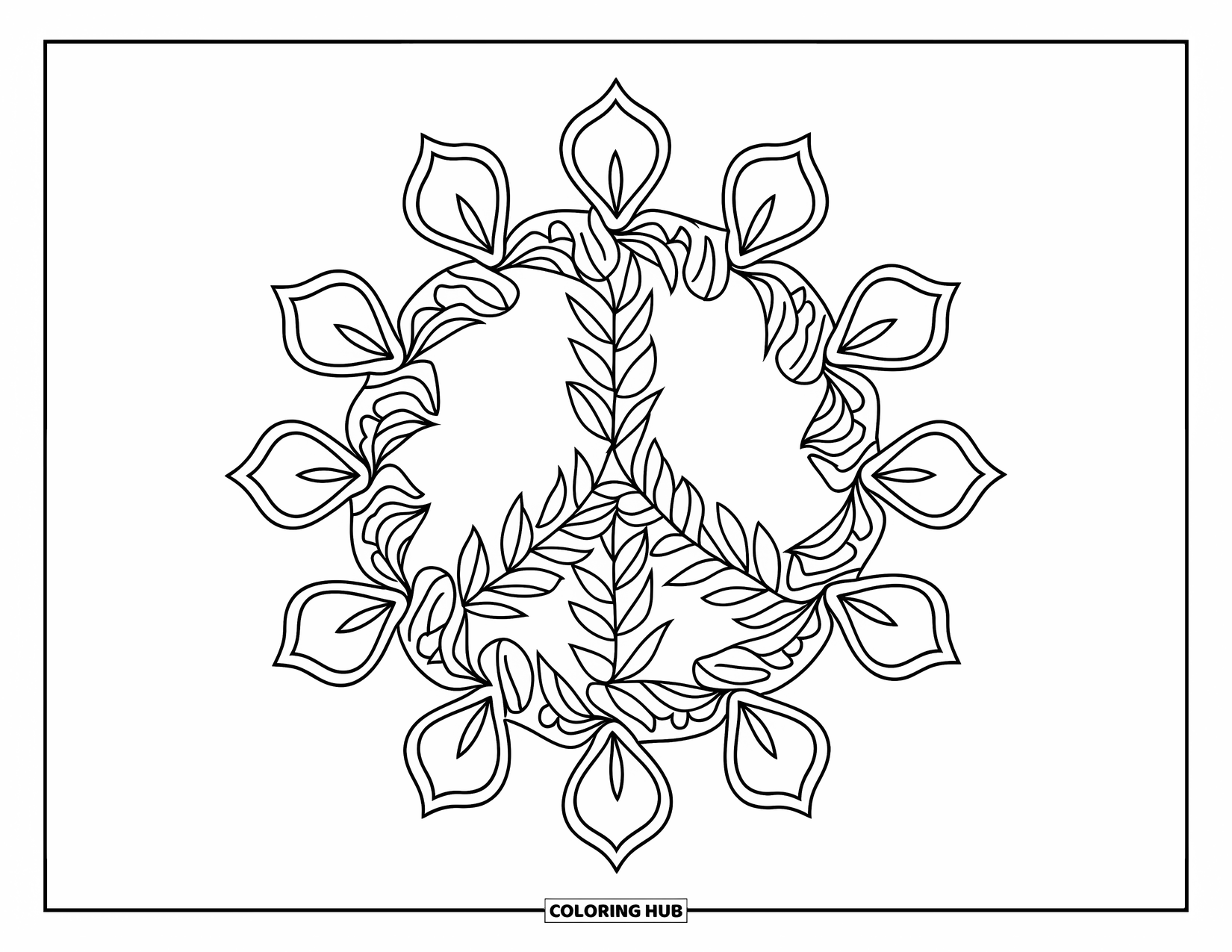 Peace Coloring Page for Adults: A peace symbol made of leafy vines with mandala lines