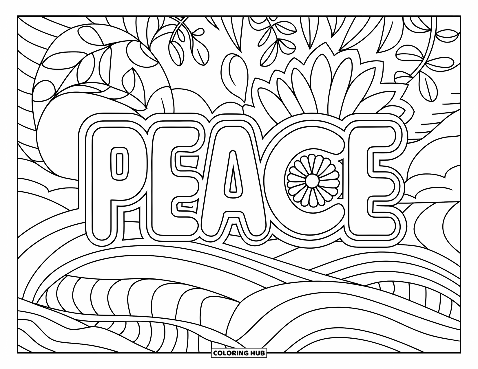 Peace Coloring Page for Adults: "Peace" in a curved floral frame with swirls, leaves, and waves