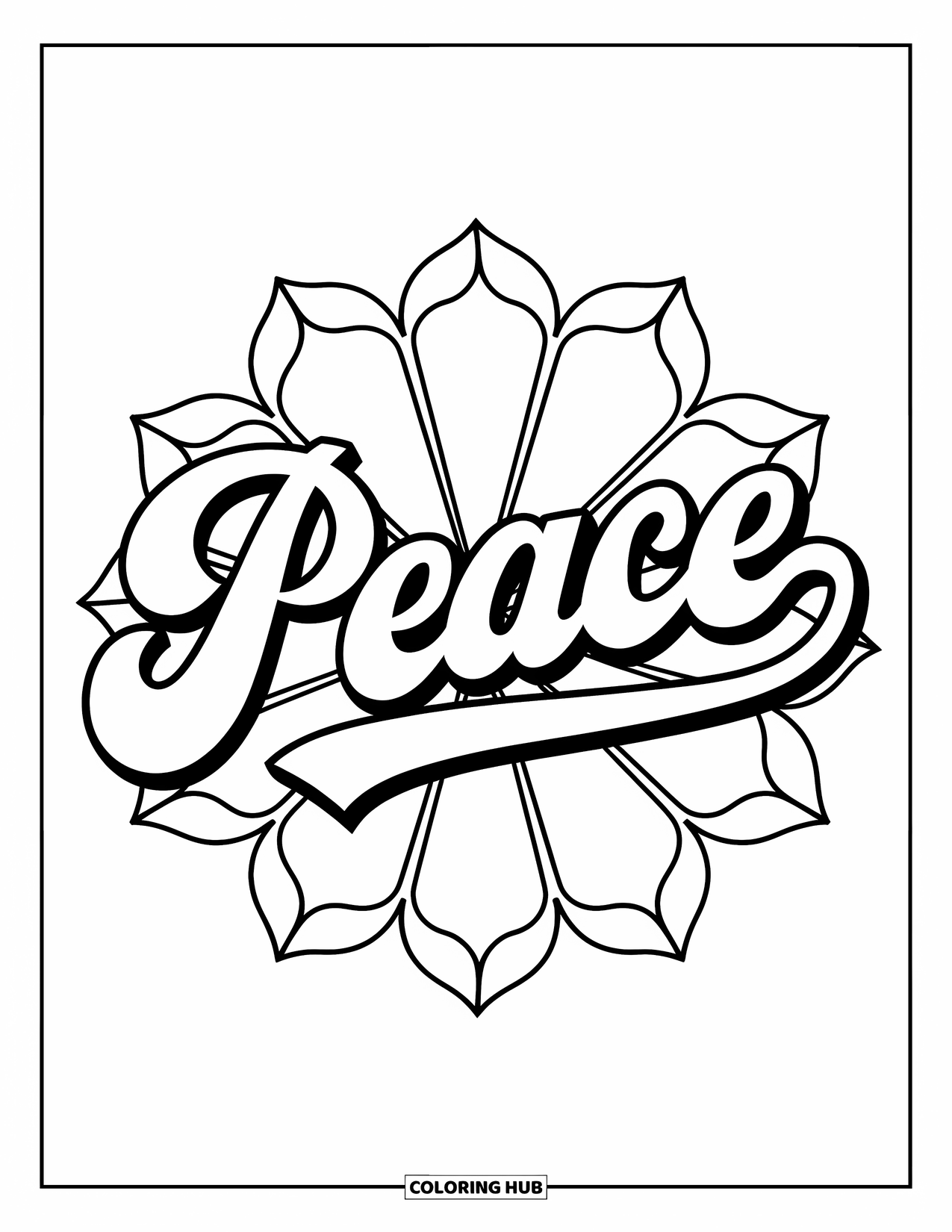 Peace Coloring Page for Adults: "Peace" in retro script with stained glass petal designs