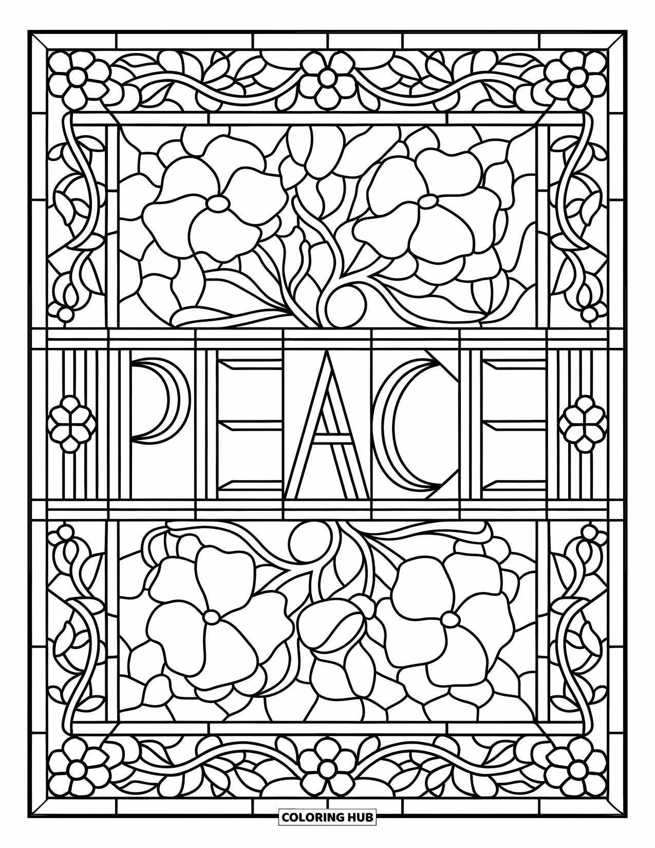 Peace Coloring Page for Adults: "Peace" in stained glass with vines, flowers, and a border
