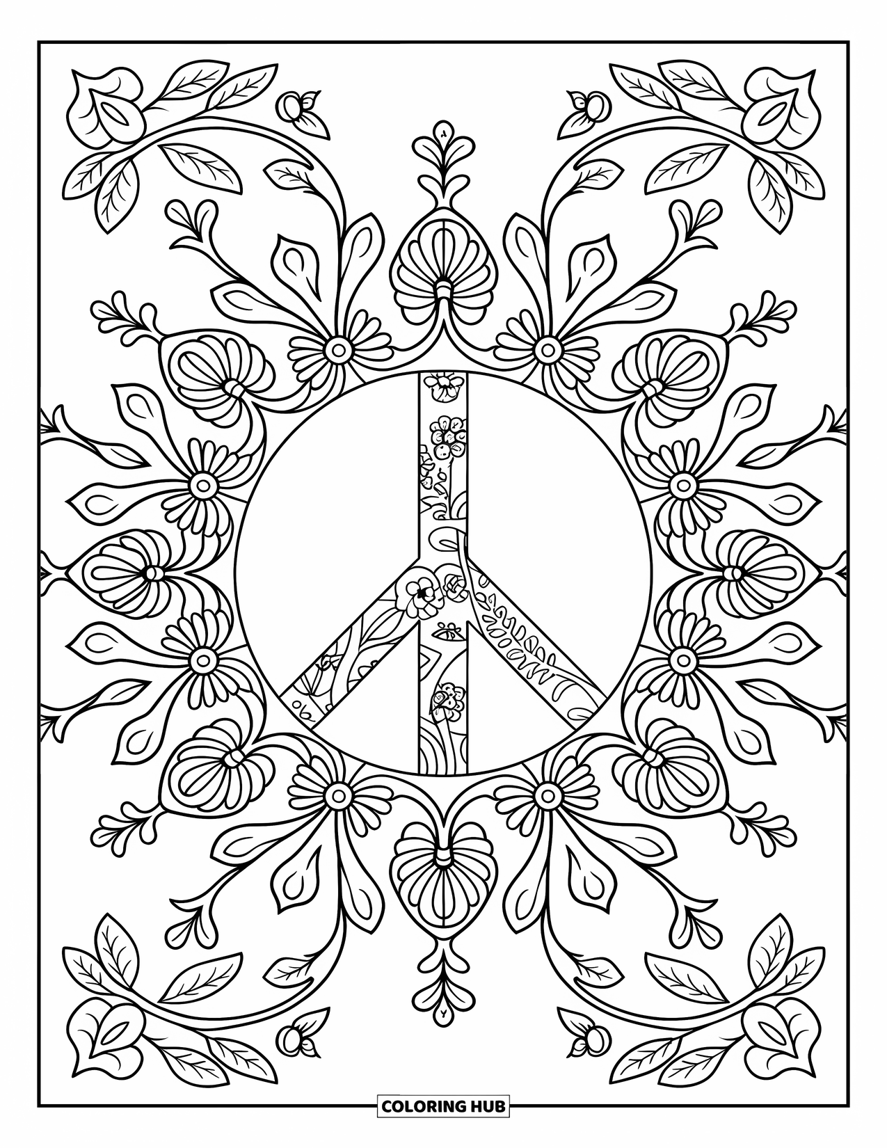 Peace Coloring Page for Adults: Peace sign filled with floral mandala patterns and vines