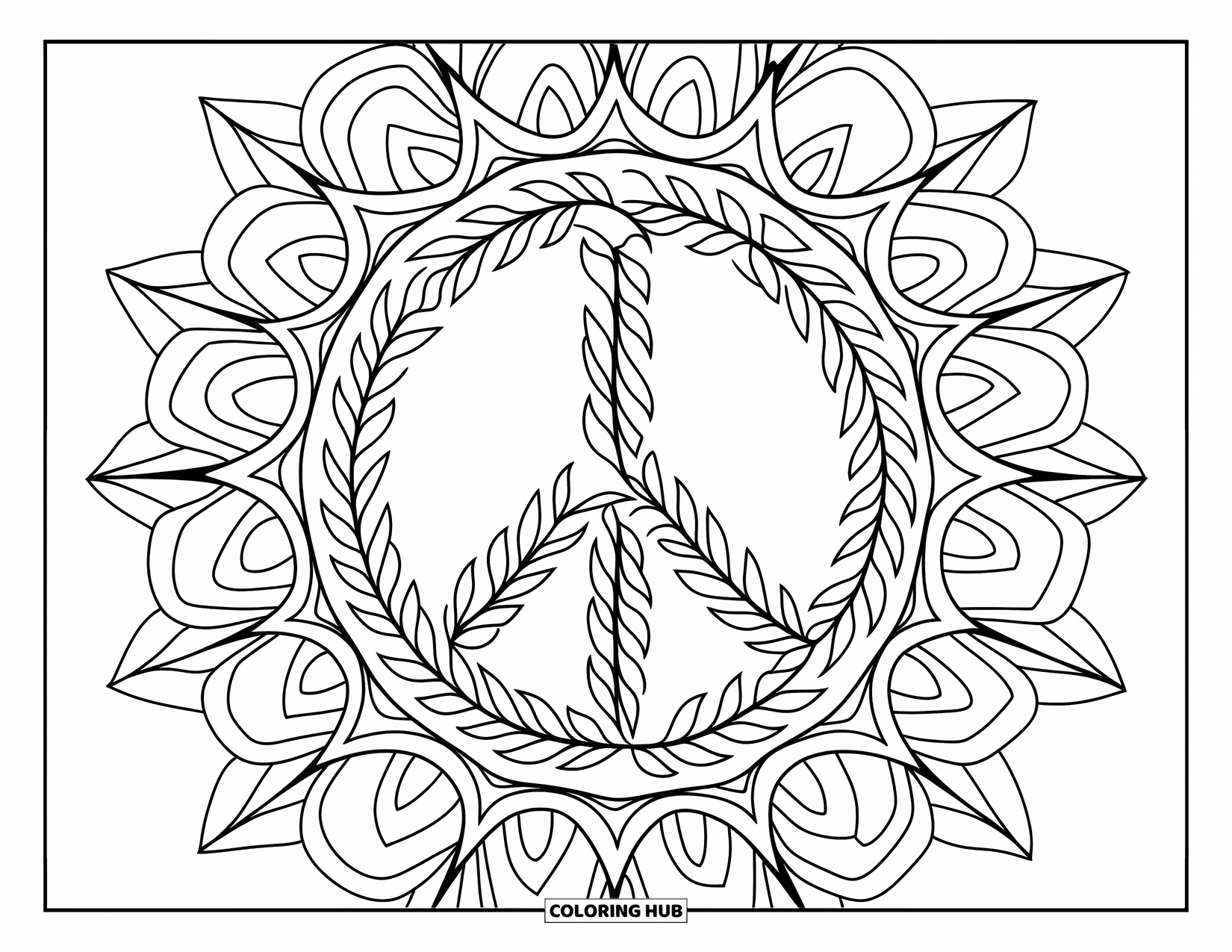 Peace Coloring Page for Adults: Peace symbol of vines surrounded by mandala lines in a circle