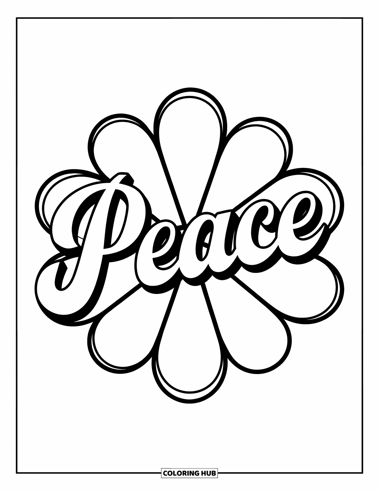 Peace Coloring Page for Adults: Retro "Peace" script with stained glass petals and a white background