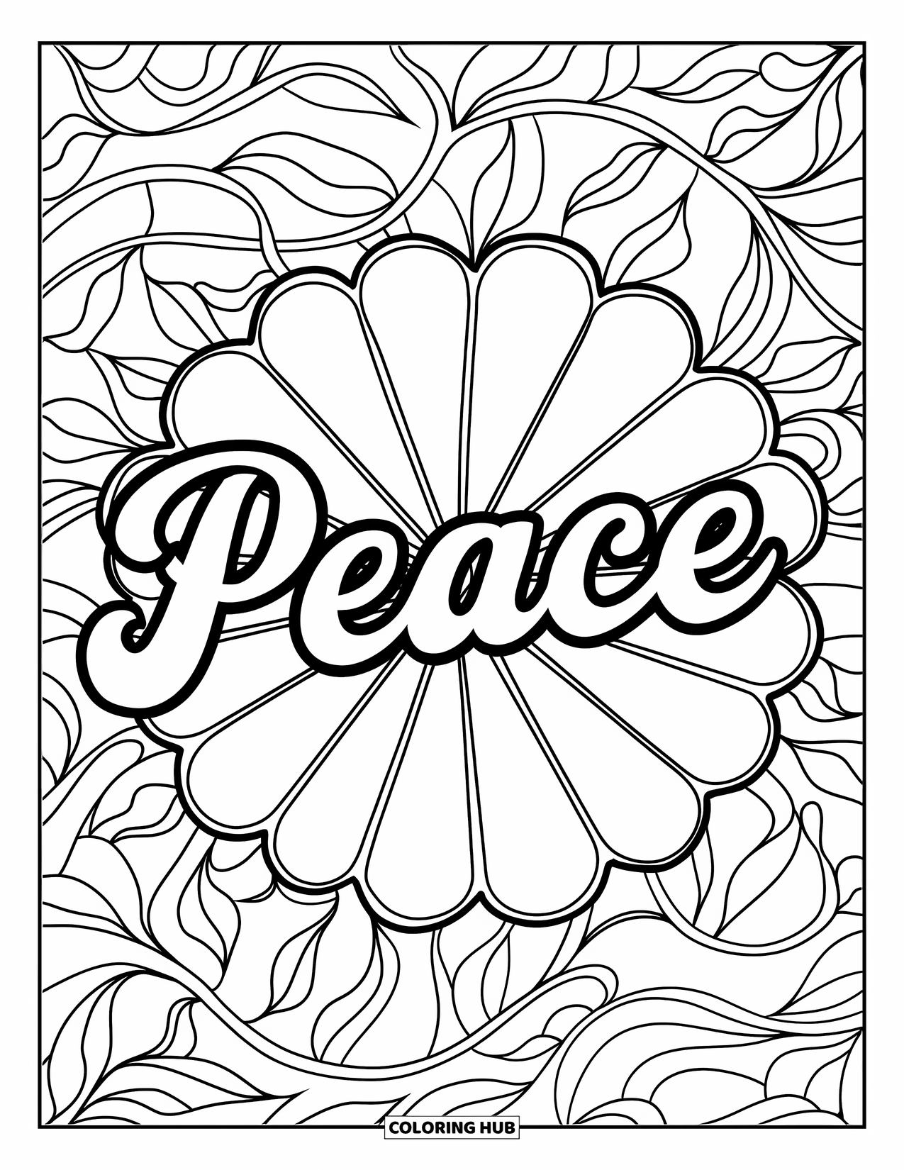 Peace Coloring Page for Adults: Retro script "Peace" surrounded by stained glass petal shapes