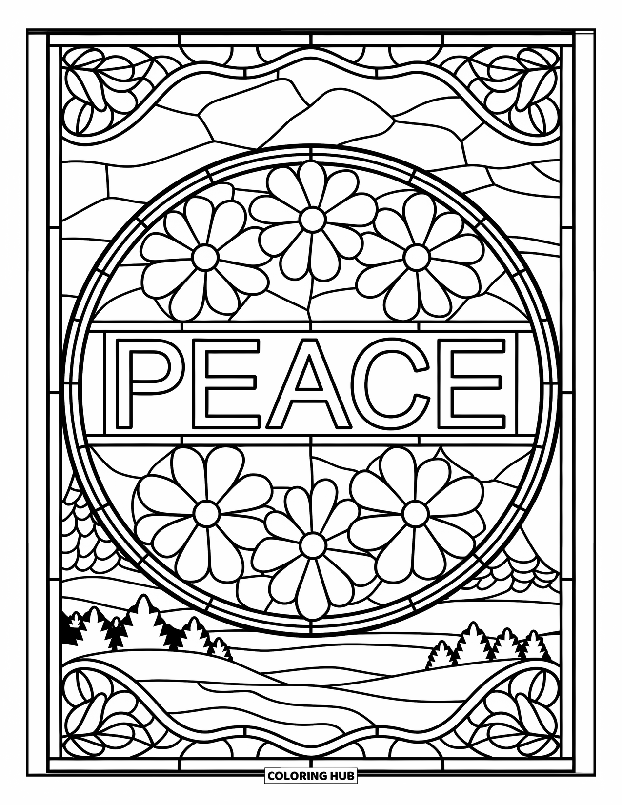 Peace Coloring Page for Adults: Stained glass "Peace" with flowers, mountains, and trees