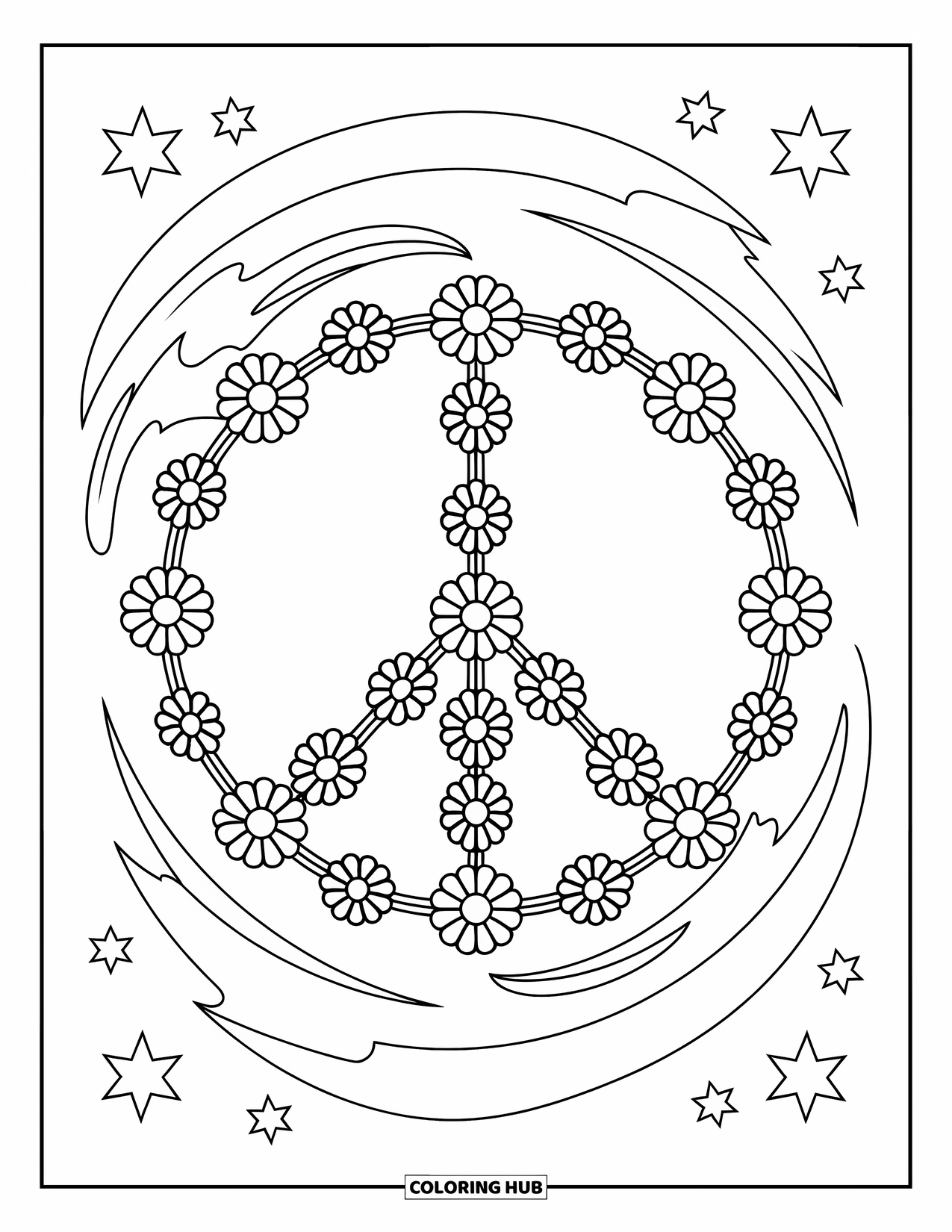 Peace Coloring Page for Kids: Big daisy chain peace sign with fun star doodles