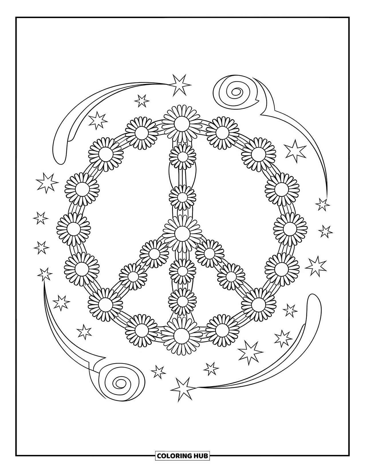 Peace Coloring Page for Kids: Daisy chain peace symbol with surrounding stars