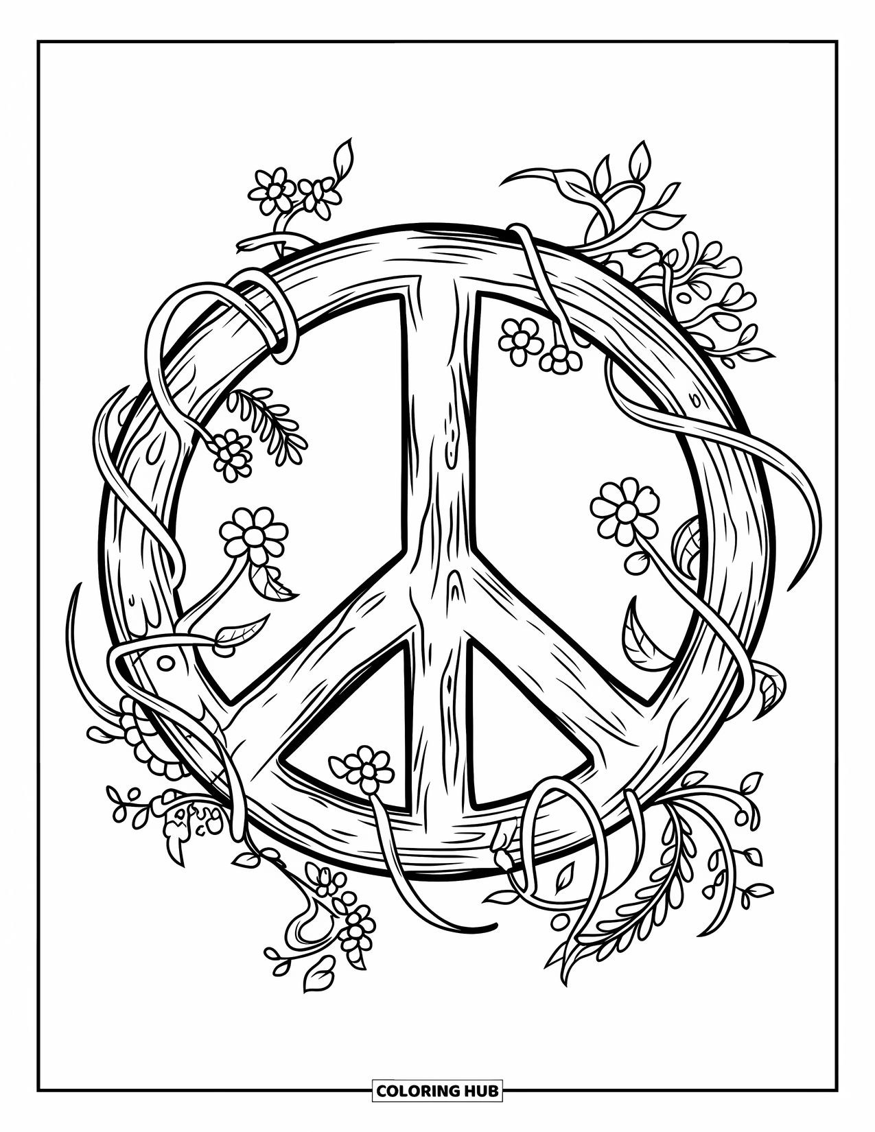 Peace Coloring Page for Kids: Hippie peace sign with flowers and twisted vines