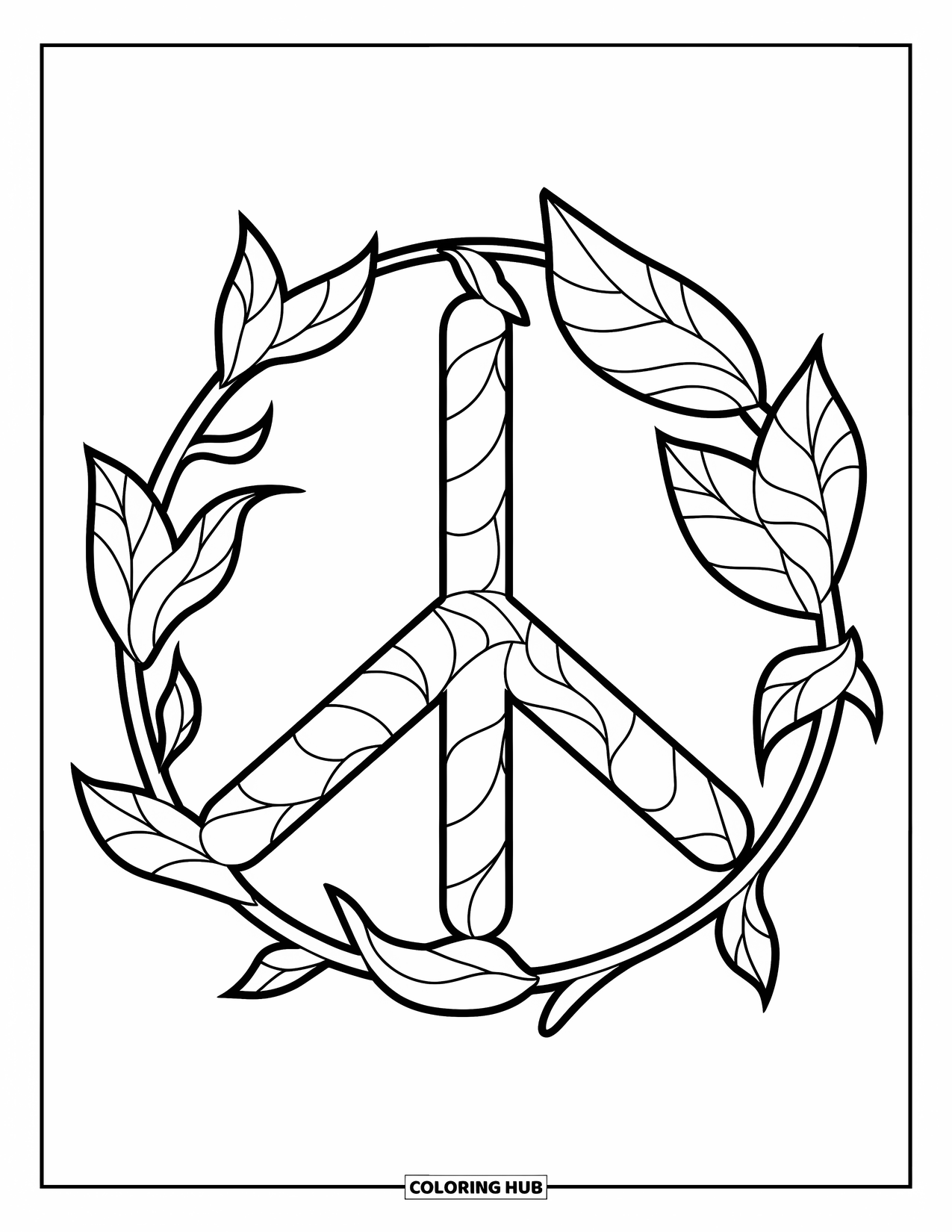 Peace Coloring Page for Kids: Leafy layered peace sign with vines connecting