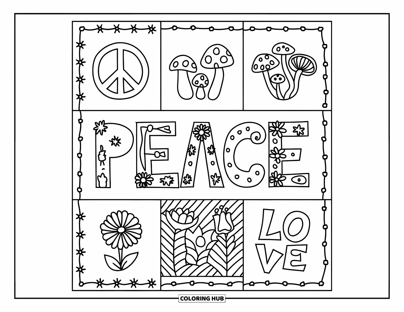 Peace Coloring Page for Kids: Patchwork blocks with peace symbol, mushrooms, flowers, and "love"