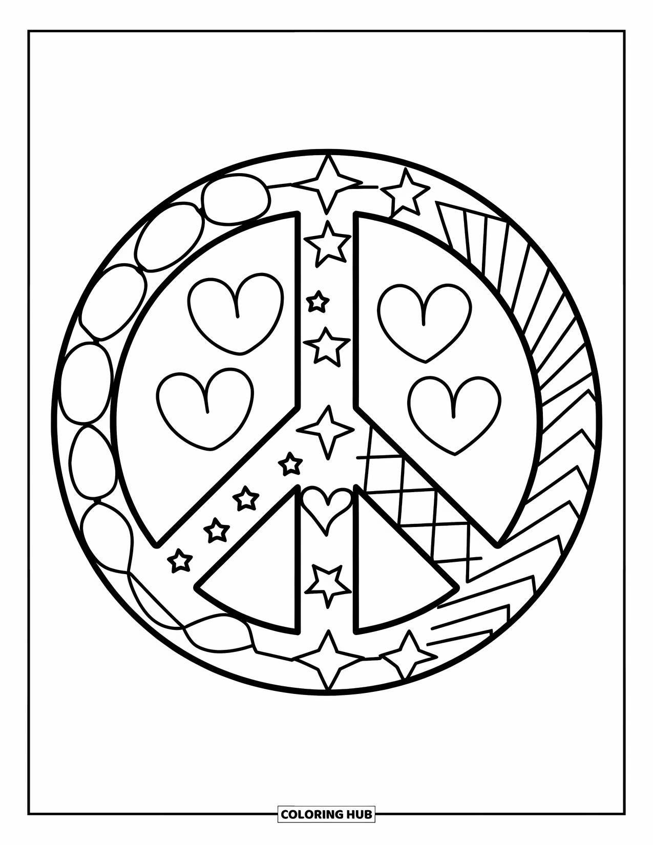 Peace Coloring Page for Kids: Patchwork peace sign with hearts and star details