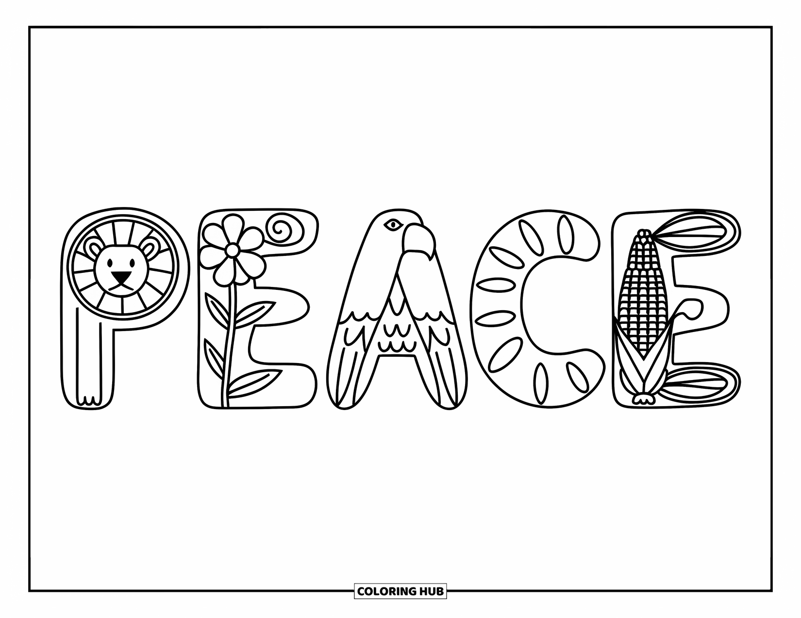 Peace Coloring Page for Kids: PEACE letters formed from animals and nature