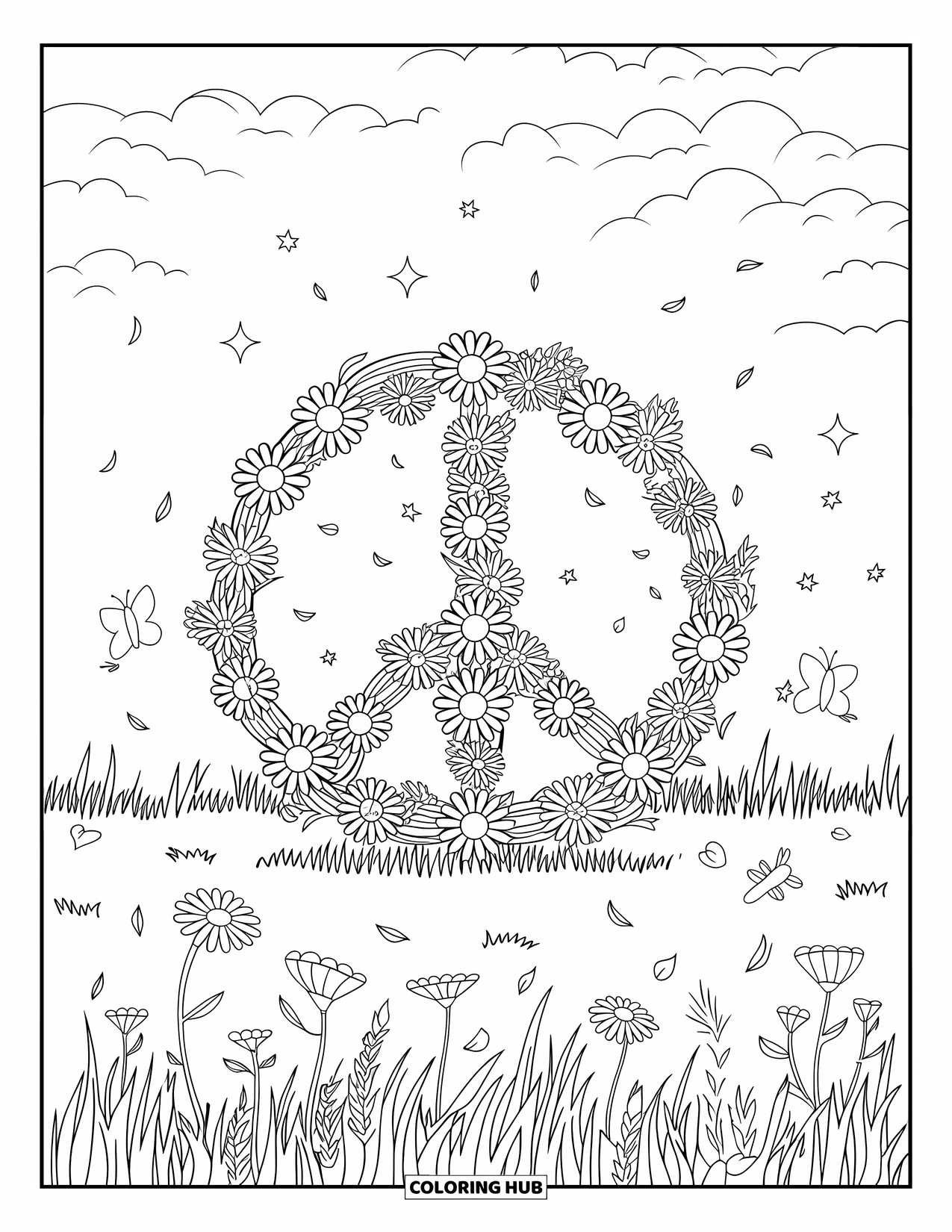 Peace Coloring Page for Kids: Peace made of flowers surrounded by petals and stars