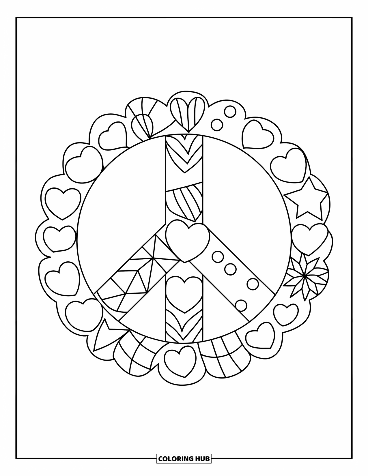 Peace Coloring Page for Kids: Peace patchwork with hearts, stars, and bold outlines