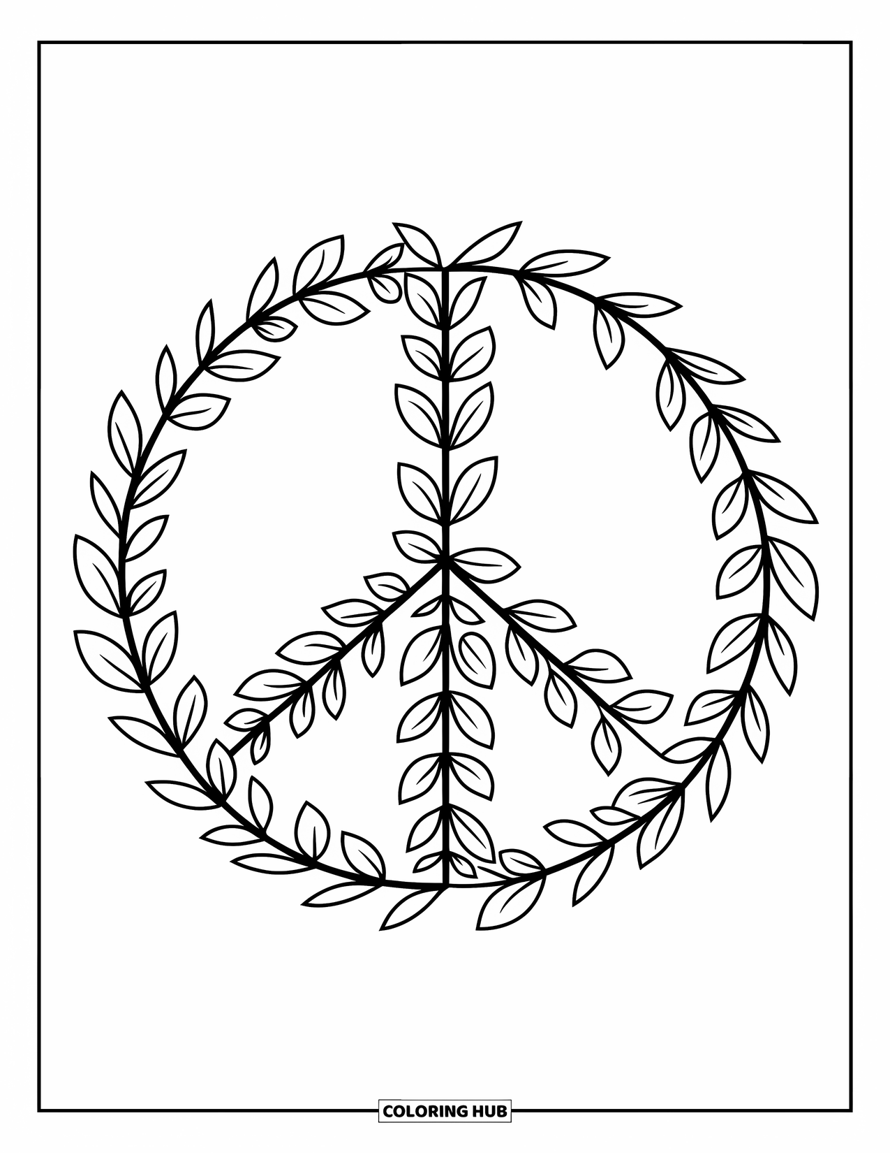 Peace Coloring Page for Kids: Peace sign made of leaves and vines in layers