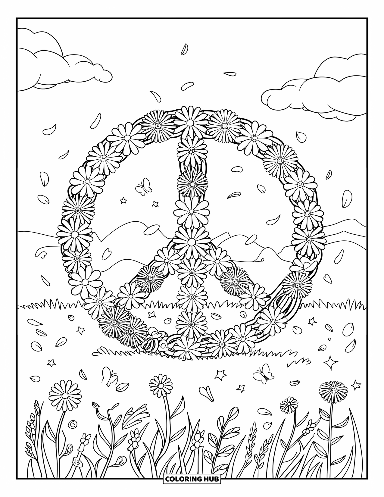 Peace Coloring Page for Kids: Peace sign of flower vines in a field of wildflowers