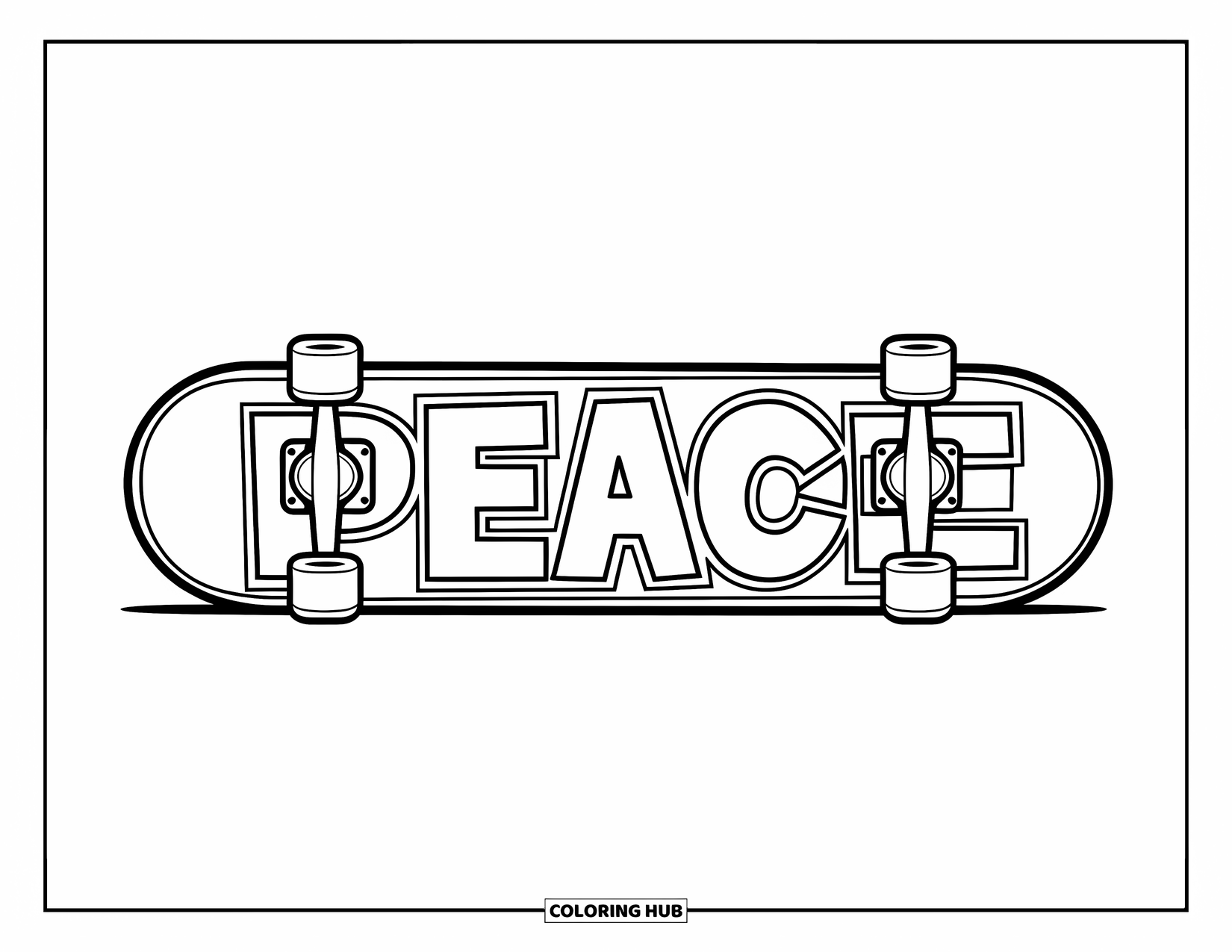 Peace Coloring Page for Kids: Peace skateboard on flat surface with bold letters