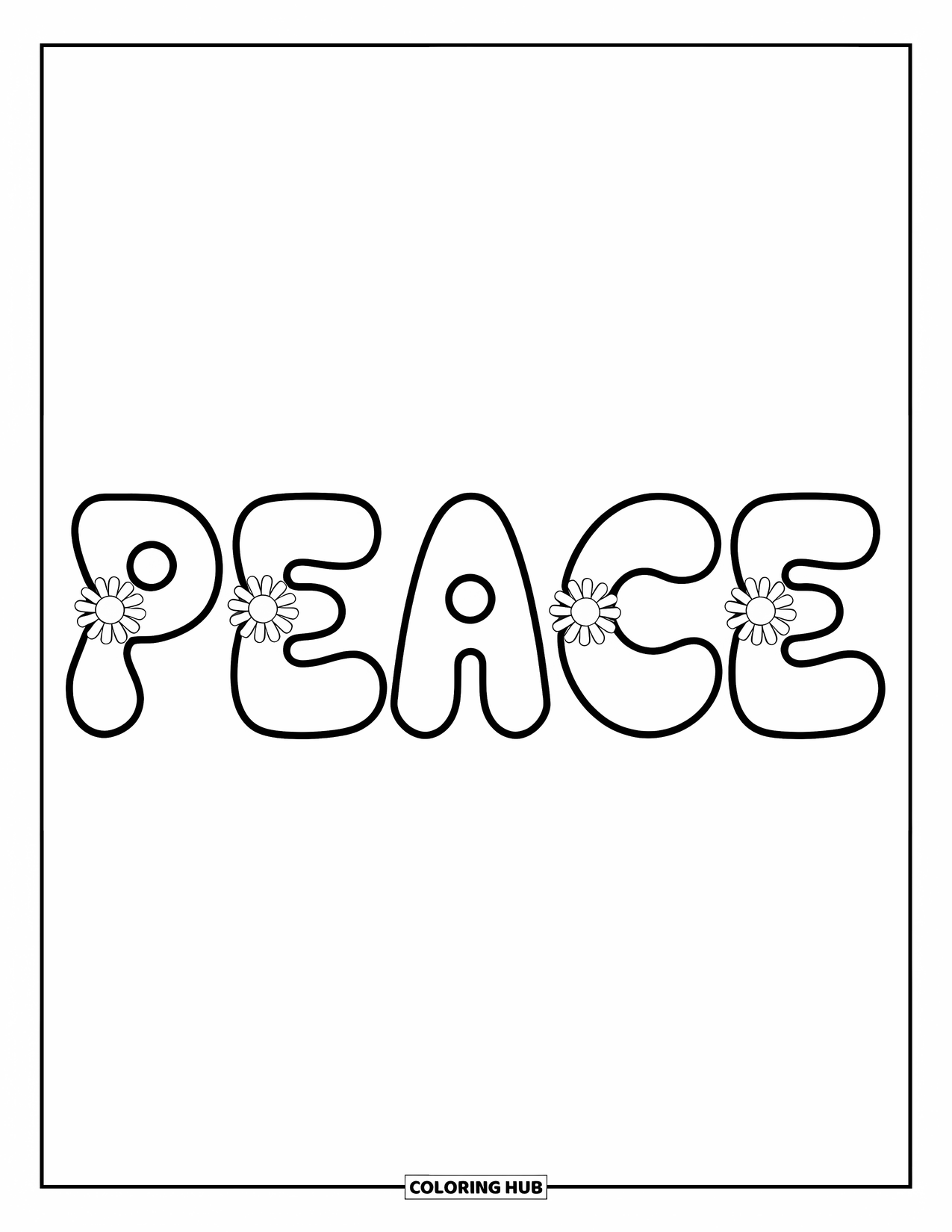 Peace Coloring Page for Kids: Peace written in wavy letters with flower doodles